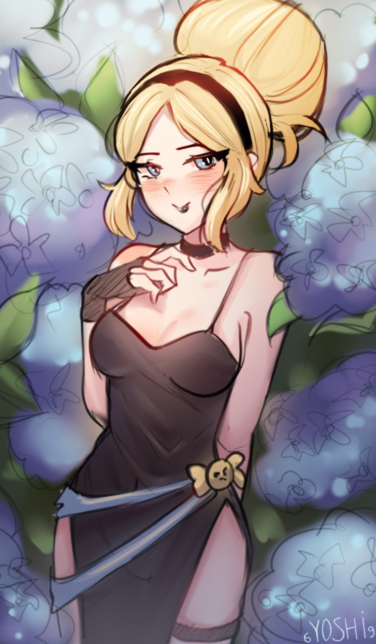 1girls, 6yoshi9, blonde female, blonde hair, blue eyes, brawl stars, cleavage, cowboy shot, dress, female, fingerless gloves, hair bun, looking at viewer, piper (brawl stars), supercell