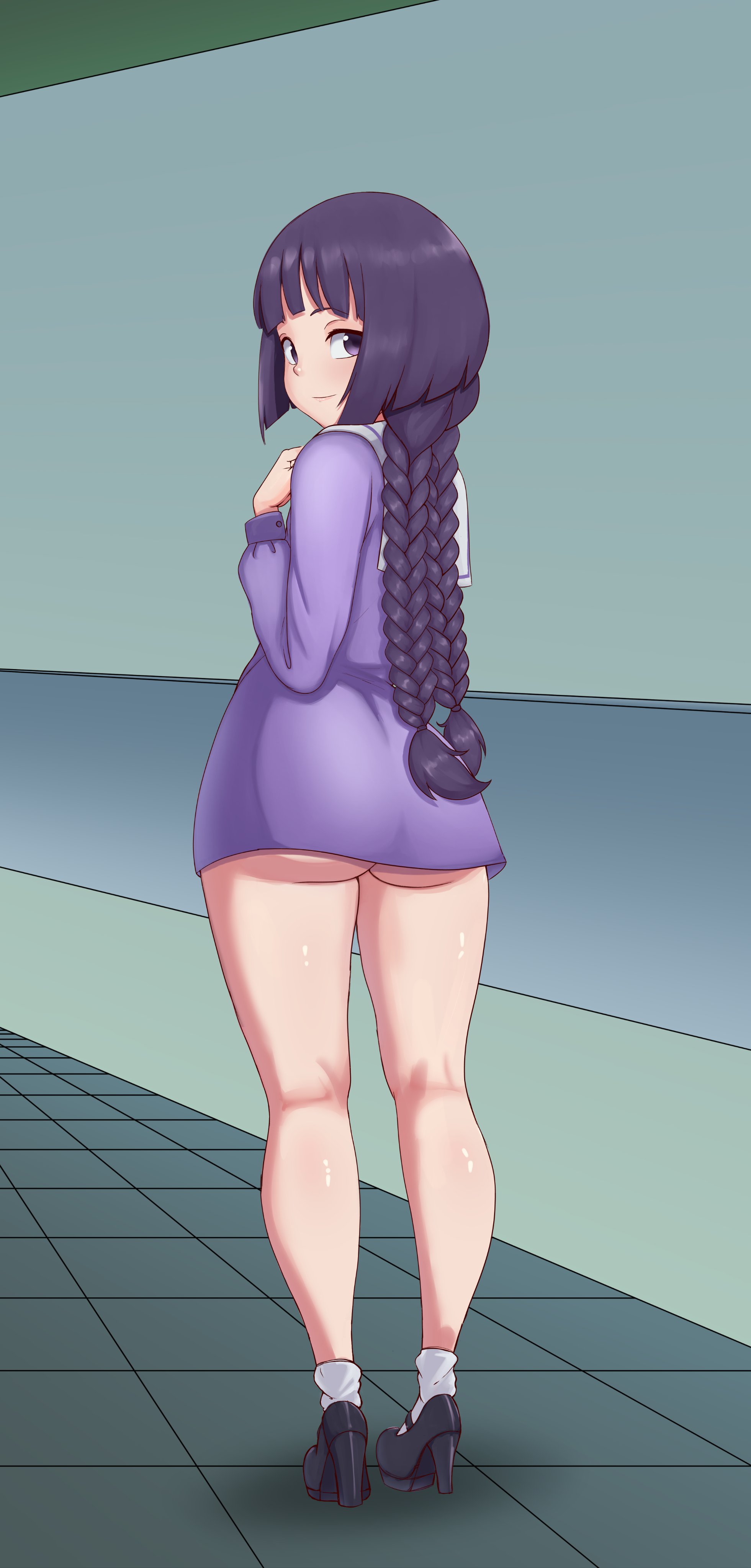 ass, big ass, black shoes, boruto: naruto next generations, braided hair, female, female focus, female only, kakei sumire, kunoichi, laboratory, naruto, naruto (series), ninja, pink clothing, pink dress, pink eyes, pink hair, pink skin, seductive, seductive look, seductive pose, seductive smile, shy, triagorodri (artist), updress, upskirt