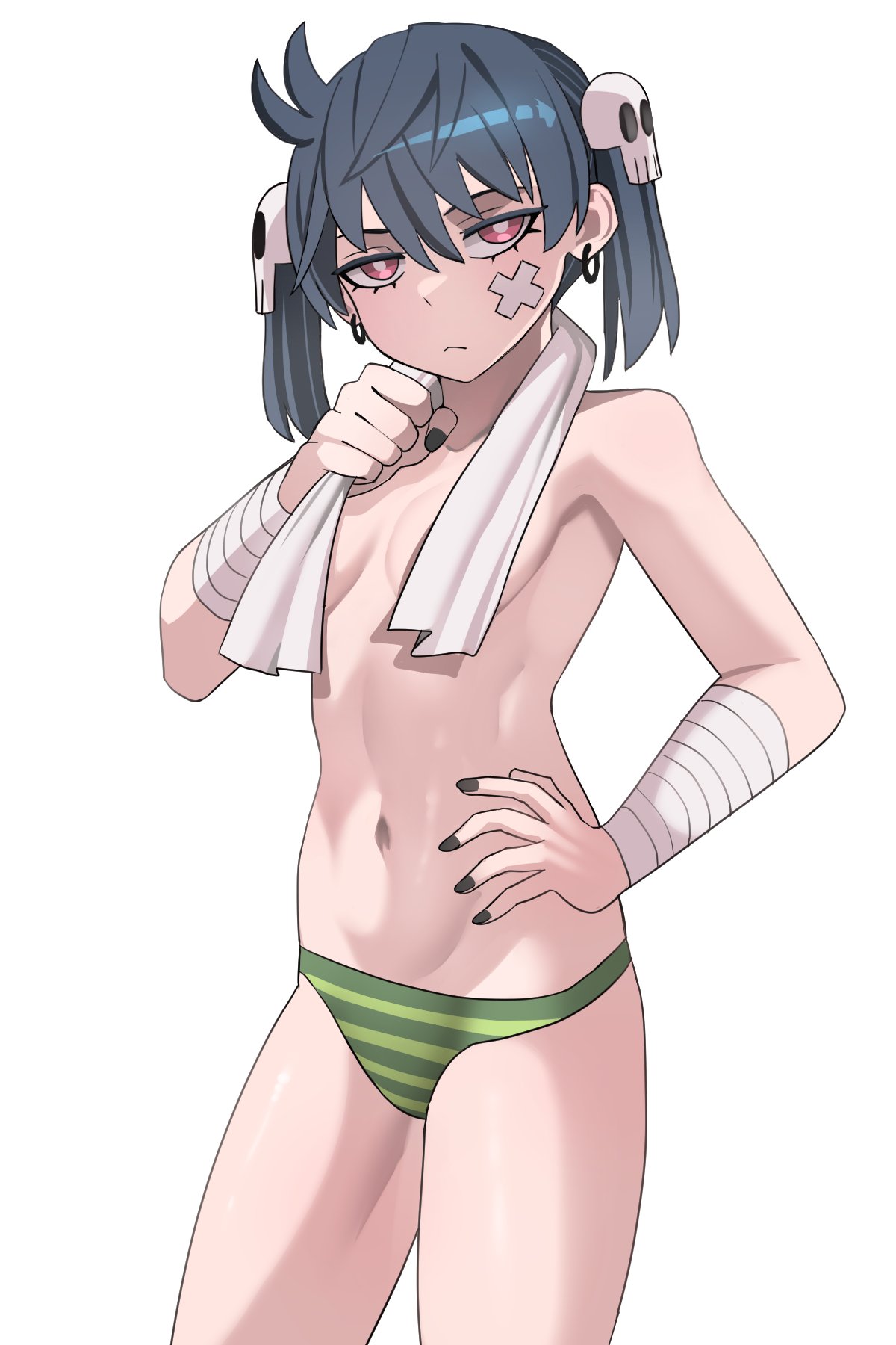 1girls bandage blue_hair breasts earrings female female_only green_panties ji-yoon jourd4n looking_at_viewer navel original original_character painted_nails panties pink_eyes skull skull_hair_ornament small_breasts standing striped_panties tagme topless towel twintails