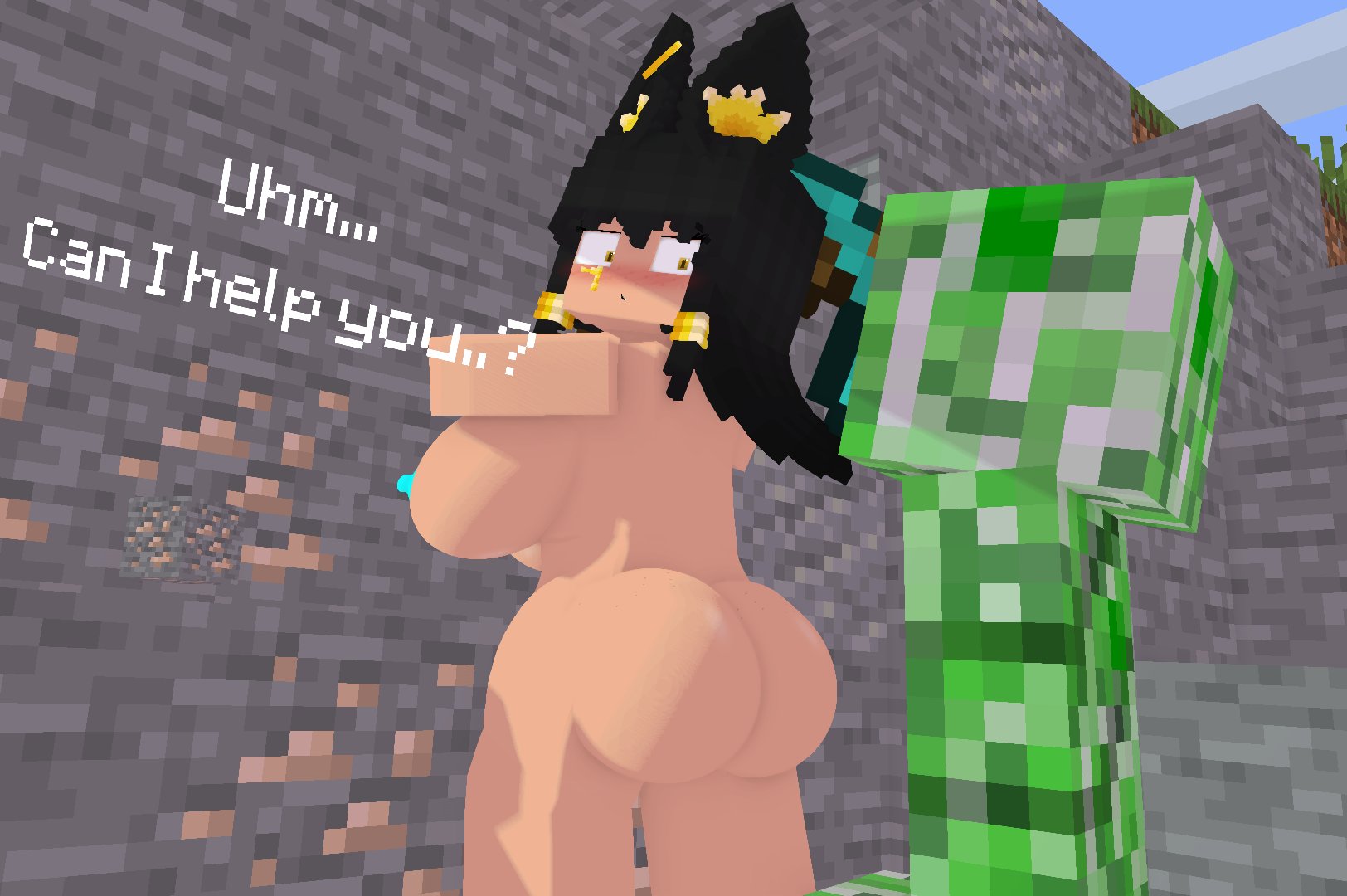 3d, amelia raevert, amelia-raevert, animal ears, ass, big ass, big breasts, breasts, bubble ass, bubble butt, creeper, dialogue, fat ass, female, huge ass, huge breasts, looking back, mine-imator, minecraft, mistpirit, monster, nipples, nude, nude female, straight, text