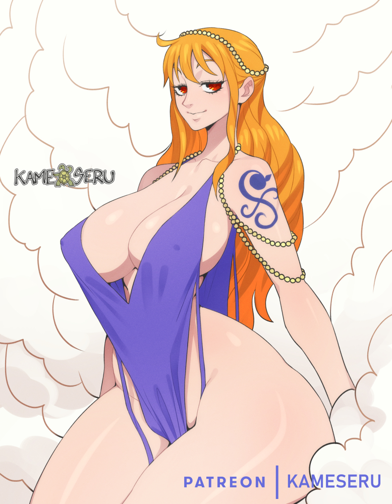1girls, abstract background, arm tattoo, artist logo, artist name, big breasts, blue tattoo, breasts, busty, cleavage, digital media (artwork), dress, erect nipples under clothes, female, female only, hair ornament, kameseru, large breasts, looking at viewer, nami (one piece), nami (one piece) (zou), nipple bulge, one piece, one piece: zou arc, orange hair, orange-haired female, patreon, post-timeskip, purple dress, red eyes, seductive look, sideboob, sitting down, skimpy dress, tattoo, thick thighs, voluptuous, wide hips