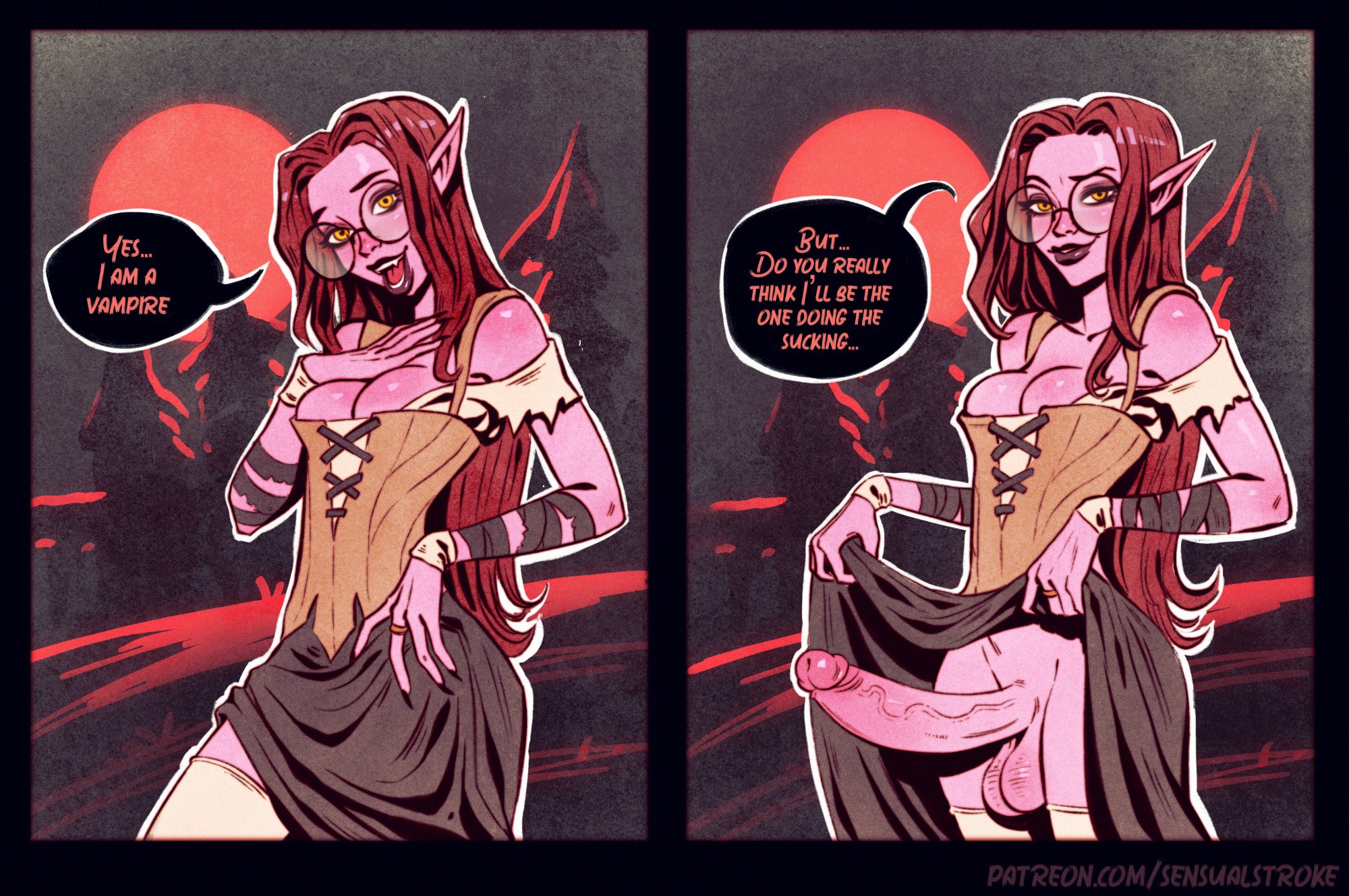 balls, big penis, cleavage, corset, english text, erection, futa vampire, futanari, intersex, penis, presenting penis, round glasses, sensualstroke, skirt lift, smile, solo, speech bubble, talking to viewer, vampire