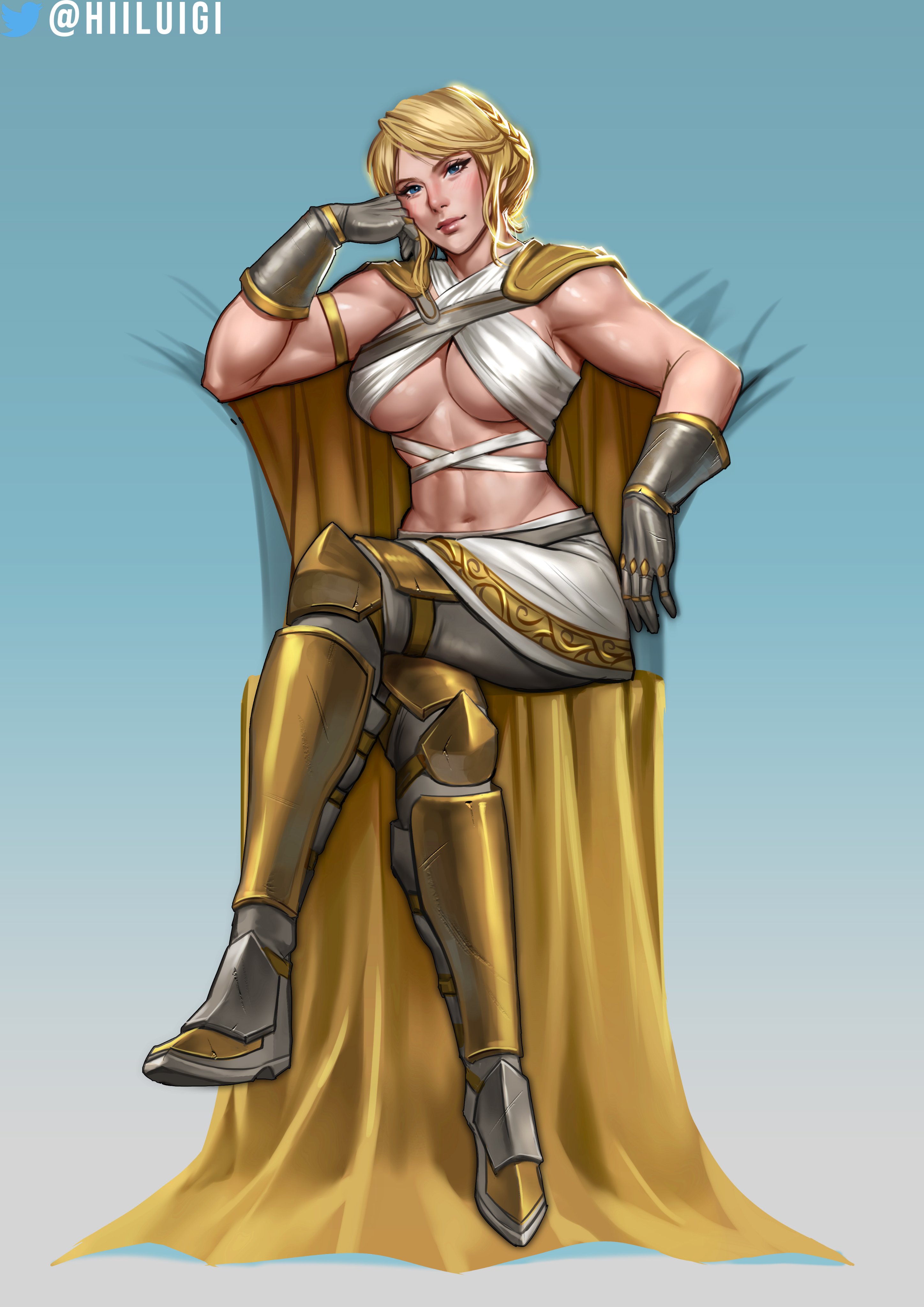 1girls, armor, blonde hair, breasts, cape, cleavage, female, hiiluigi, looking at viewer, muscular, sitting, underboob