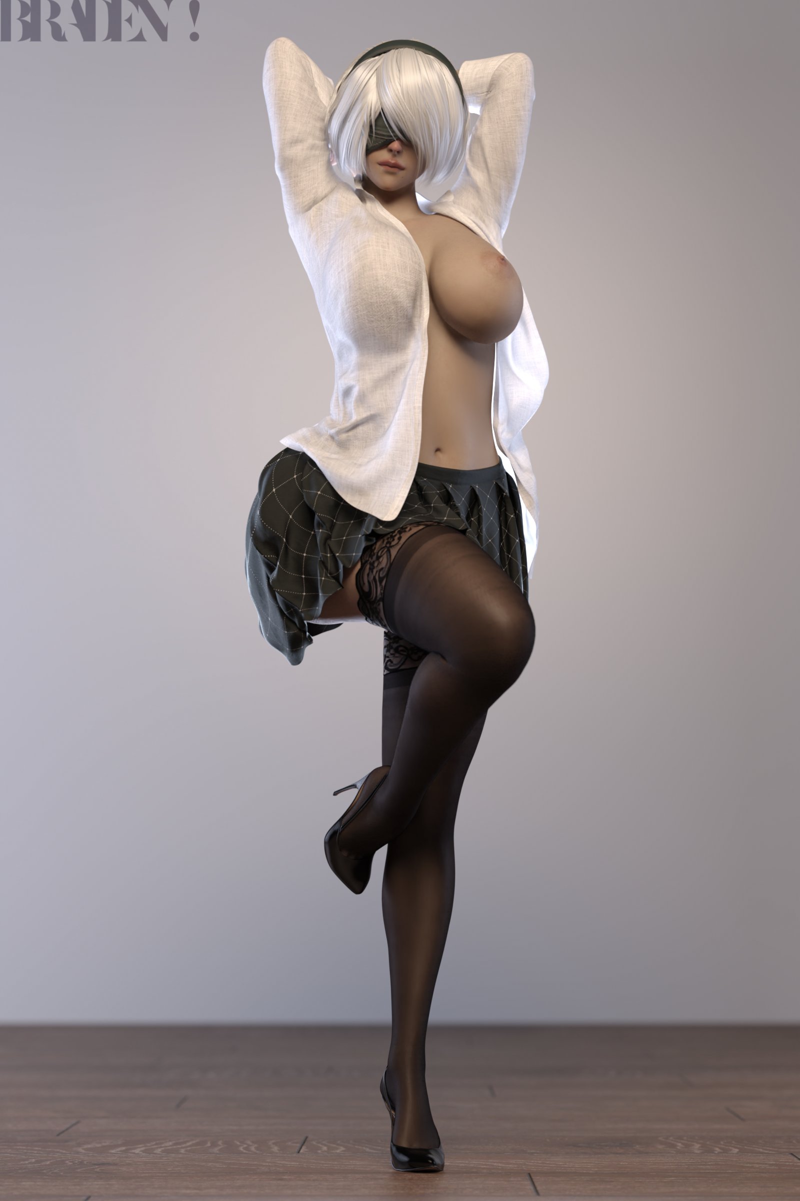 1girls, 3d, areolae, artist name, big breasts, blindfold, bradengts, breasts, clothing, female, female only, hairband, hands behind head, high heels, huge breasts, knee up, light skin, light-skinned female, navel, nier, nier: automata, nipples, no bra, office lady, open shirt, pleated skirt, shirt open, short hair, skirt, solo, solo female, standing, standing on one leg, thighhighs, white hair, yorha 2b