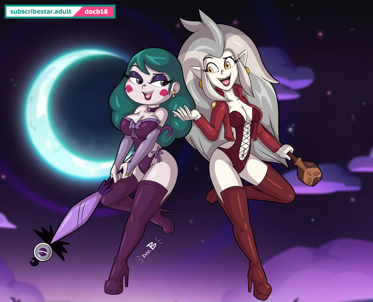 2girls, alternate version available, back to back, boots, bow, breasts, cleavage, collar, competition, crossover, curves, dark eyes, disney, disney channel, disney xd, doc.b, earrings, eclipsa butterfly, eda clawthorne, edit, female, fuck me boots, gold eyes, grey hair, high heel boots, high heels, hourglass figure, jacket, latex, latex bodysuit, light skin, light-skinned female, lingerie, long gloves, looking at another, magic, makeup, mature female, milf, moon, navel, night sky, pale skin, pale-skinned female, pointy ears, purple clothing, red clothing, smooth skin, staff, star vs the forces of evil, teal hair, the owl house, thick thighs, thighhighs, two-tone hair, umbrella, voluptuous, white female, wide hips