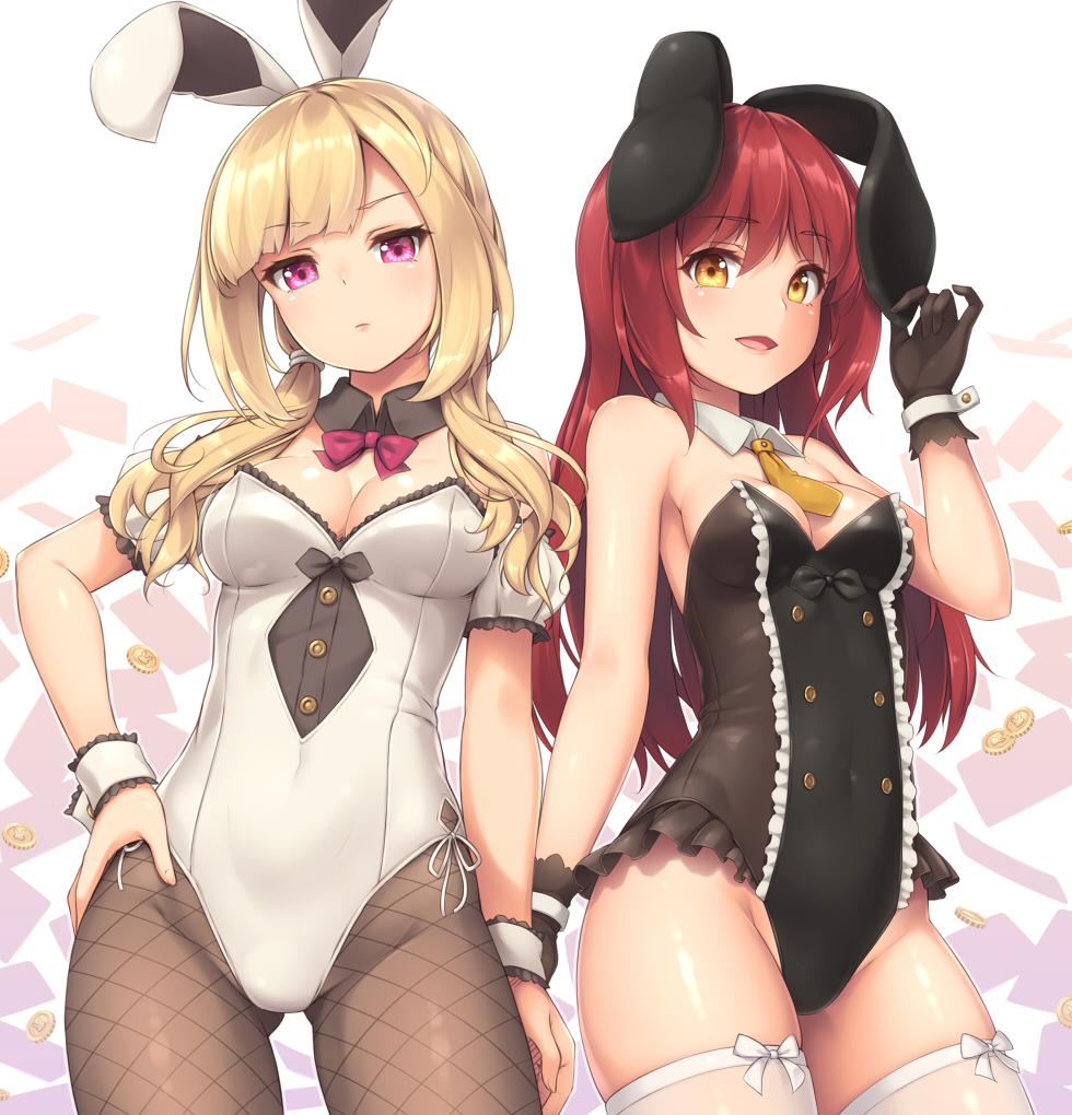 2girls blonde_hair bowtie bunny_ears bunny_girl bunnysuit coins female female_focus hand_on_hip necktie necktie_between_breasts original pink_eyes red_hair sasaame stockings tagme thick_thighs yellow_eyes