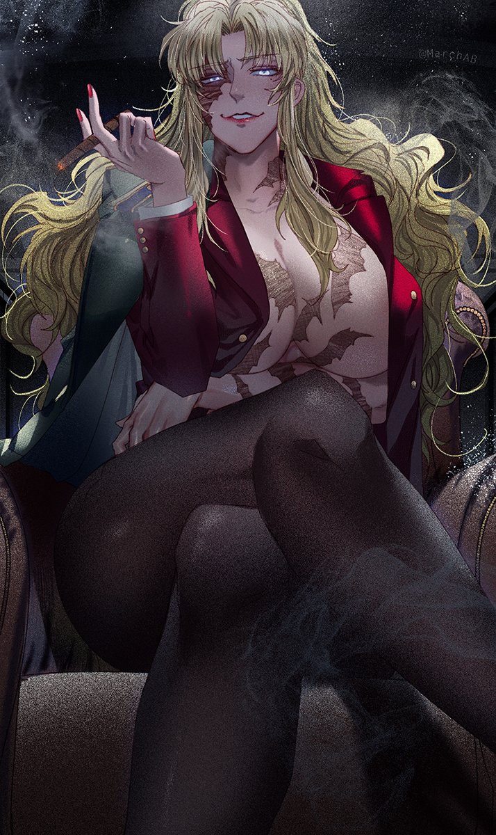 balalaika big_breasts black_lagoon blonde_hair breasts busty cigar female female_only huge_breasts large_breasts legs_crossed looking_at_viewer march_ab mature mature_female no_bra open_shirt pantyhose scar scars shirt smile smoke smoking solo