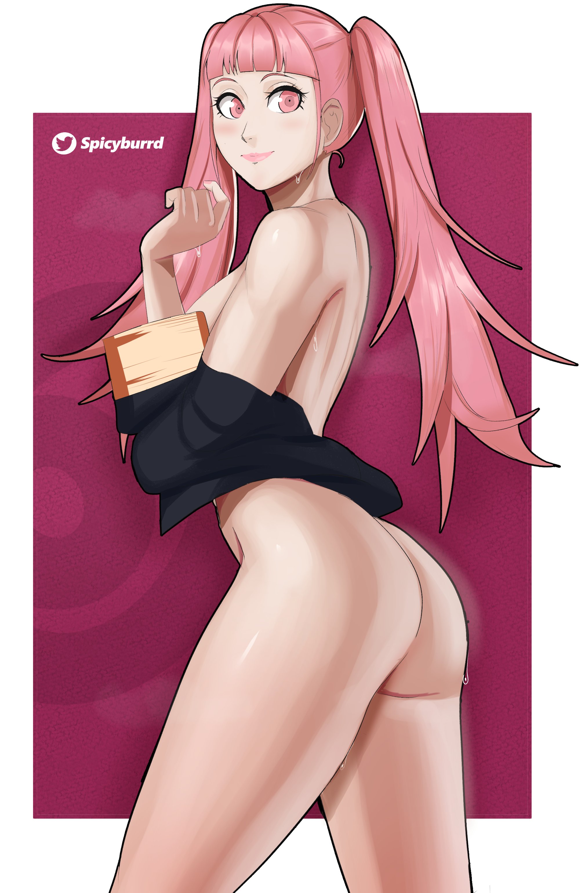 1girls, ass, back, bangs, bare back, bare thighs, big ass, female, female only, fire emblem, fire emblem: three houses, hilda valentine goneril, lipstick, long hair, looking back, nintendo, nude, nude female, pink eyes, pink hair, pink lips, pink lipstick, smile, spicyburrd, thick thighs, thighs, twintails, undressing
