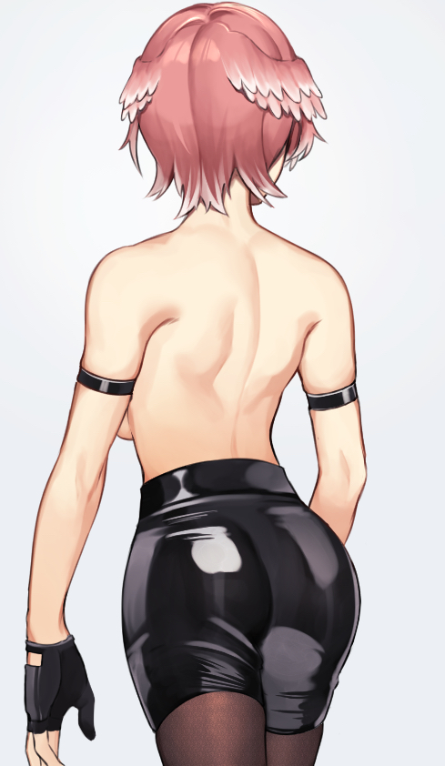 1girls, ass, back, female, fingerless gloves, from behind, hololive, hololive japan, holox, leather pants, shiny, shiny clothes, short hair, simple background, takane lui, topless, virtual youtuber, vtuber, yuya (pixiv37335712)