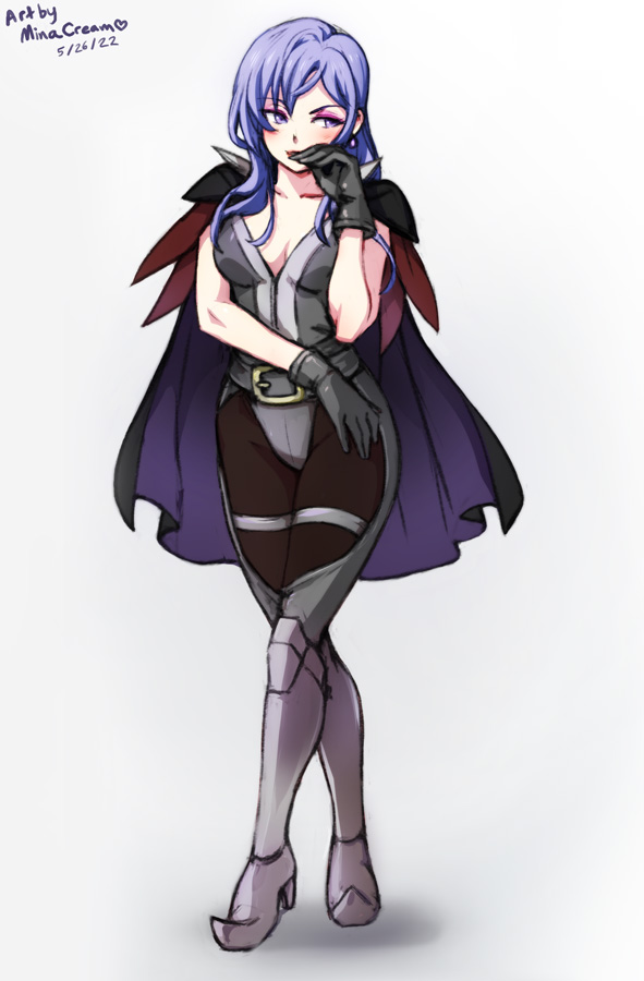 1girls artist_name boots breasts cape cleavage dated earrings eyeshadow female female_only fire_emblem fire_emblem:_three_houses genderswap_(mtf) gloves grey_background inner_thighs leotard makeup medium_hair minacream nintendo pink_eyeshadow purple_eyes purple_hair rule_63 small_breasts solo thighs yuri_leclerc