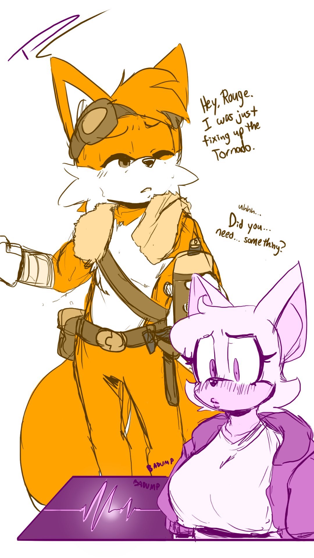 1boy, 1girls, 2d, aged up, anthro, bat, blush, clothed, clothing, fakeryway, female, fox, goggles, heartbeat, imminent sex, larger male, love, male, mobian, mobian (species), mobian bat, muscles, muscular, muscular male, older female, pleasure castle, rouge the bat, sega, simple background, sonic (series), sonic adventure 2, sonic the hedgehog (series), sweaty, tails, tails the fox, towel, white background, younger male
