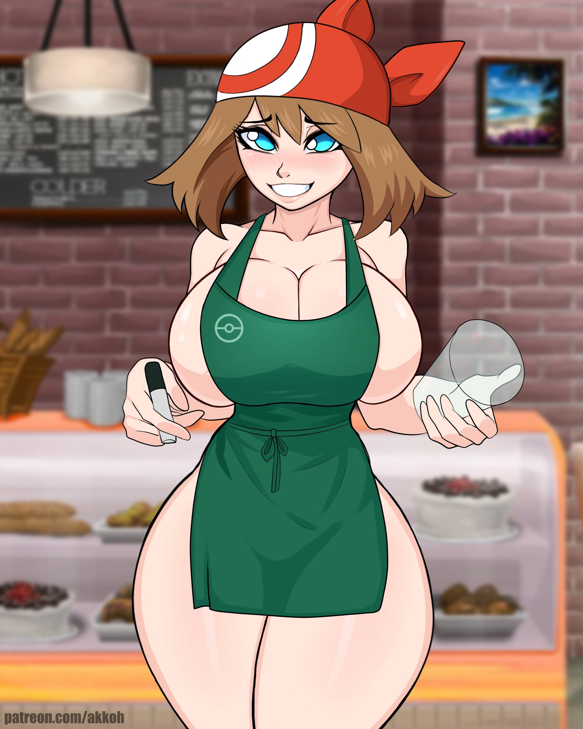 1girls, absurd res, akkoh, apron, apron only, blue eyes, blush, breasts, brown hair, cleavage, female, female only, hi res, i mean breast milk, iced latte with breast milk, large breasts, looking at viewer, may (pokemon), meme, meme attire, naked apron, nintendo, pokemon, pokemon oras, pokemon rse, smile, solo, thick thighs, thighs, wide hips