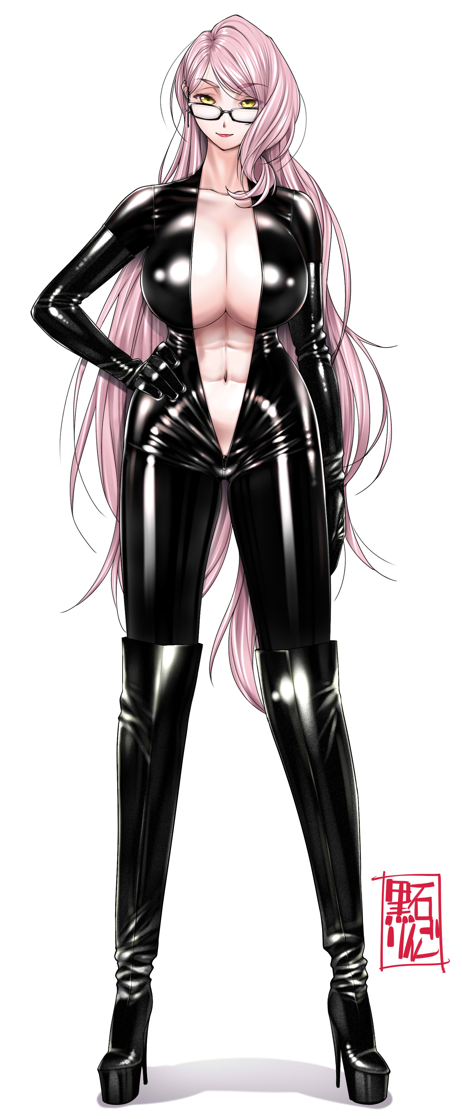 1girls, boots, breasts, catsuit, cleavage, elbow gloves, fate (series), fate/grand order, female, glasses, gloves, high heel boots, high heels, koyanskaya (fate), large breasts, latex, latex bodysuit, latex gloves, leather boots, pink hair, thigh boots, very long hair
