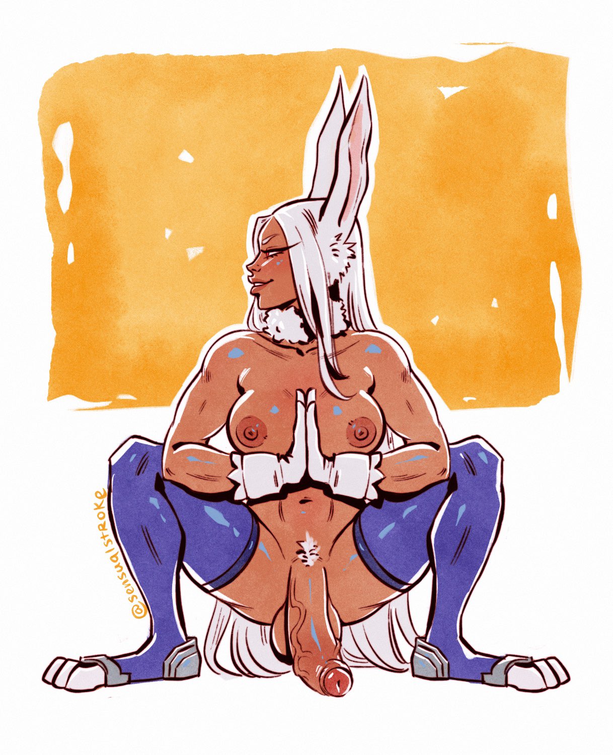 1futa, animal ears, areolae, balls, breasts, bunny ears, bunny girl, dark skin, dark-skinned futa, female, flaccid, futa only, futanari, gloves, humanoid, humanoid penis, intersex, kemonomimi, large breasts, miruko, my hero academia, nipples, nude, penis, rumi usagiyama, sensualstroke, solo, squatting, yoga pose
