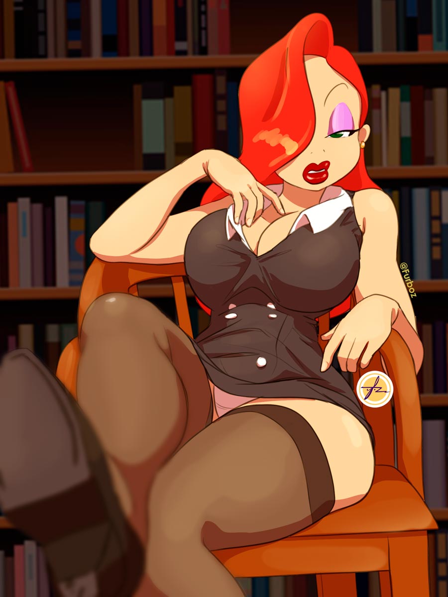 big_breasts breasts cleavage disney furboz huge_breasts jessica_rabbit librarian library lipstick office office_lady panties pantyshot professor red_hair shirt teacher thick_thighs thighhighs who_framed_roger_rabbit