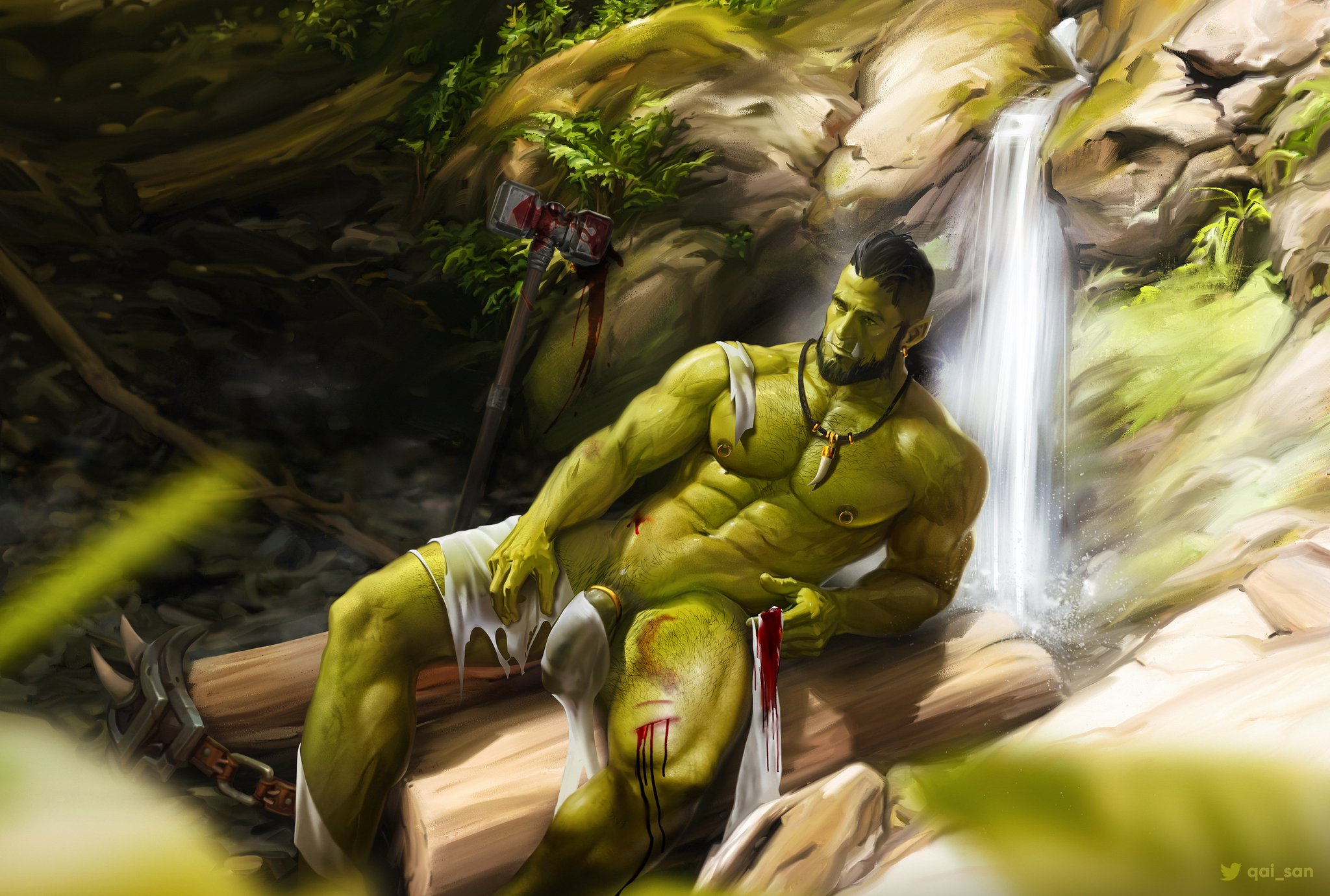 fangs, flaccid, flaccid penis, green skin, laying back, male, male only, muscles, muscular, muscular male, orc, orc male, outdoors, outside, penis, posing, qai san, see-through, solo, unnamed character, waterfall