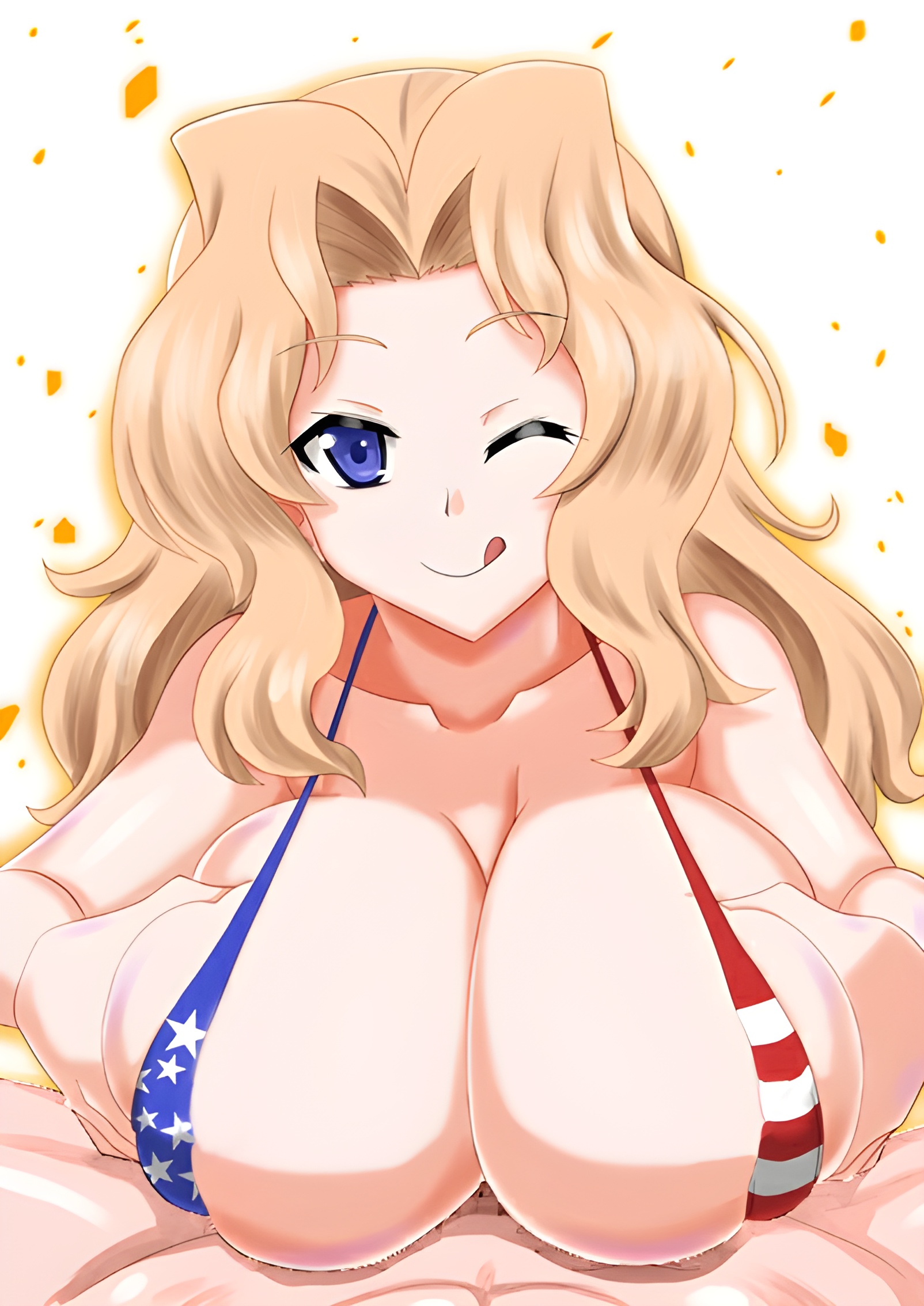 1boy, 1girls, american flag bikini, bikini top, blonde hair, blue eye, breasts, female, female focus, girls und panzer, kay (girls und panzer), large breasts, licking lips, light skin, light-skinned female, light-skinned male, male, male pov, mutsunagare, one eye closed, paizuri, pov, straight, swimsuit, wink