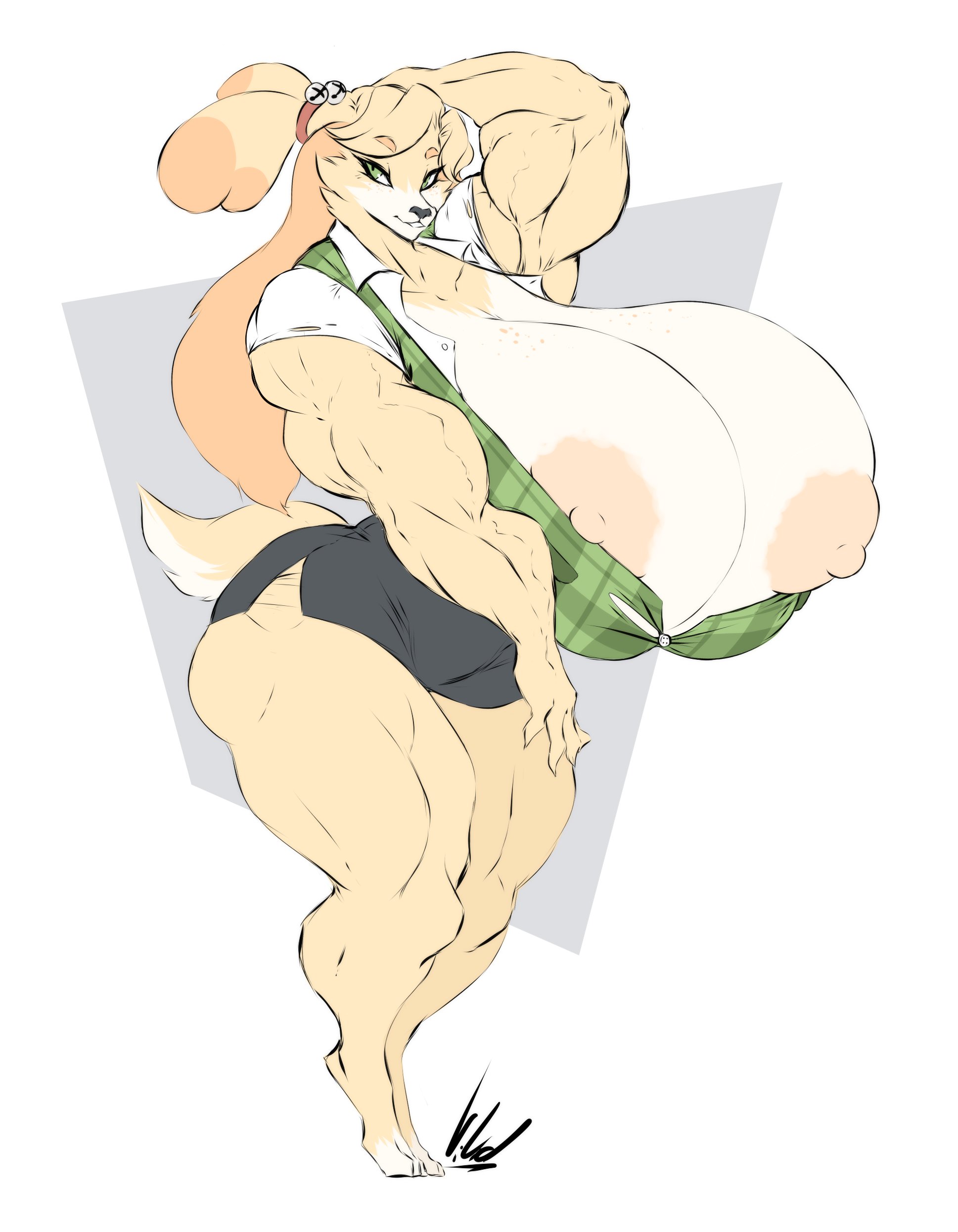 2022, amazon, animal crossing, anthro, ass, biceps, big ass, big breasts, breasts, breasts out, bursting breasts, canine, clothing, domestic dog, dullvivid, female, female only, huge breasts, hyper, hyper breasts, isabelle (animal crossing), large ass, large breasts, looking at viewer, muscular, muscular female, nintendo, nipples, shirt, skirt, solo, standing, thick thighs, torn clothes, torn clothing