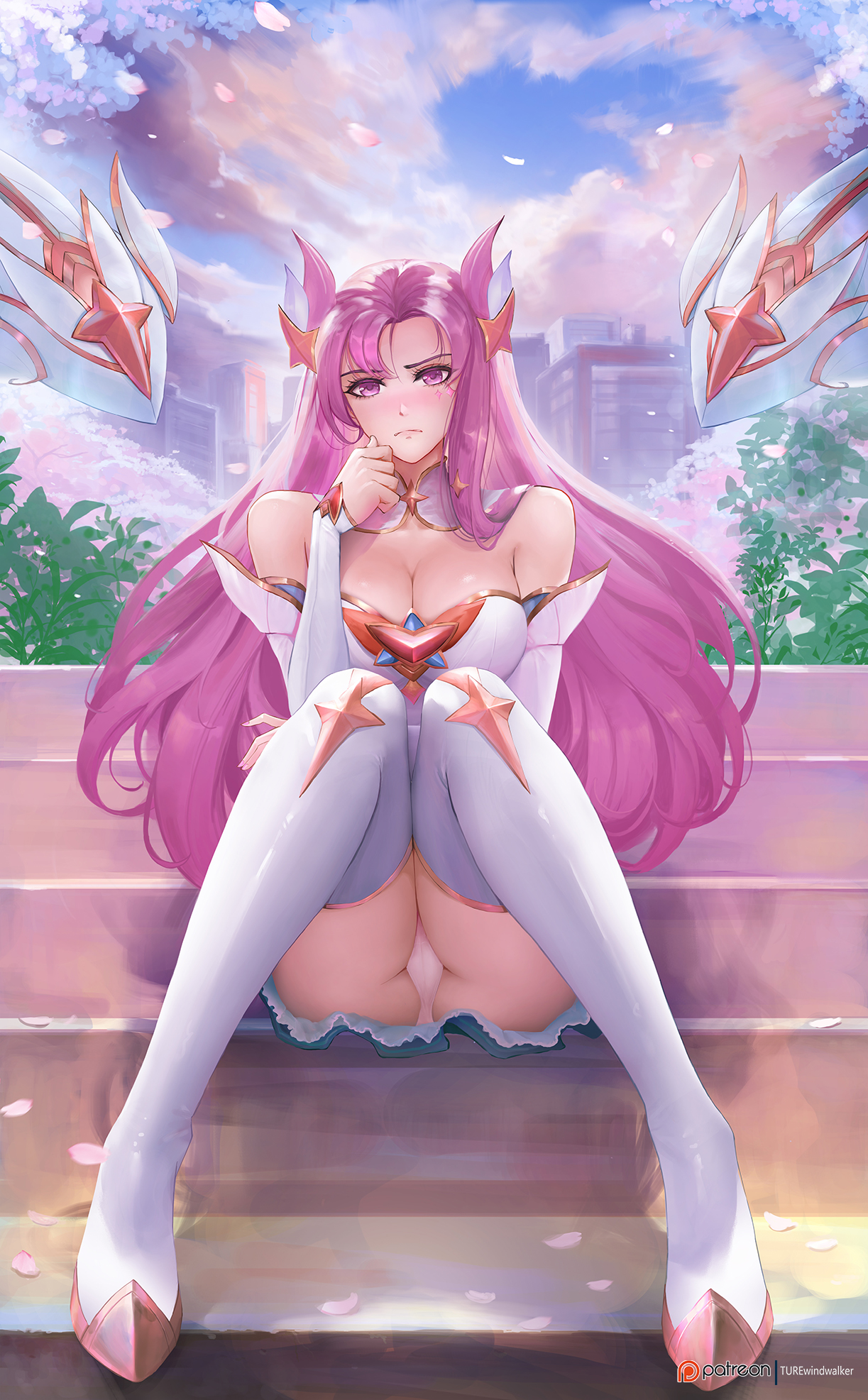 bare shoulders, blush, cleavage, detailed background, female, female only, fully clothed, kai'sa, knees together feet apart, league of legends, long hair, looking at viewer, outside, panties, pink eyes, pink hair, pink panties, sitting, solo, solo female, star guardian kai'sa, star guardian series, thighhigh boots, thighhighs, upskirt, windwalker