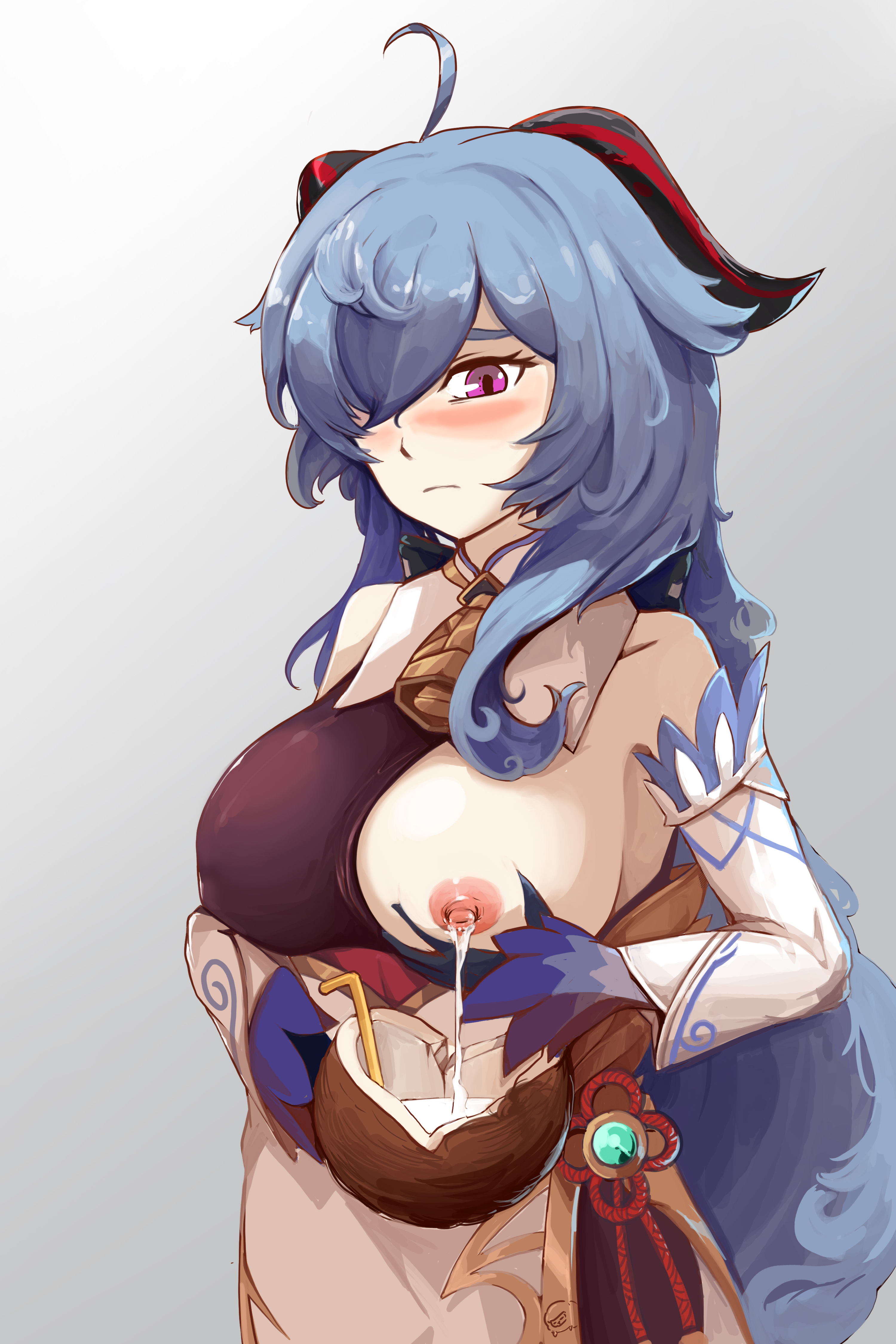absurdres, ahoge, bangs, bare shoulders, bell, black gloves, blue hair, blush, breasts, coconut, detached sleeves, female, fruit cup, ganyu (genshin impact), genshin impact, gloves, goat horns, highres, horns, lactating into cup, lactation, large breasts, long hair, medium breasts, neck bell, one breast out, purple eyes, sidelocks, solo, taphris, white background