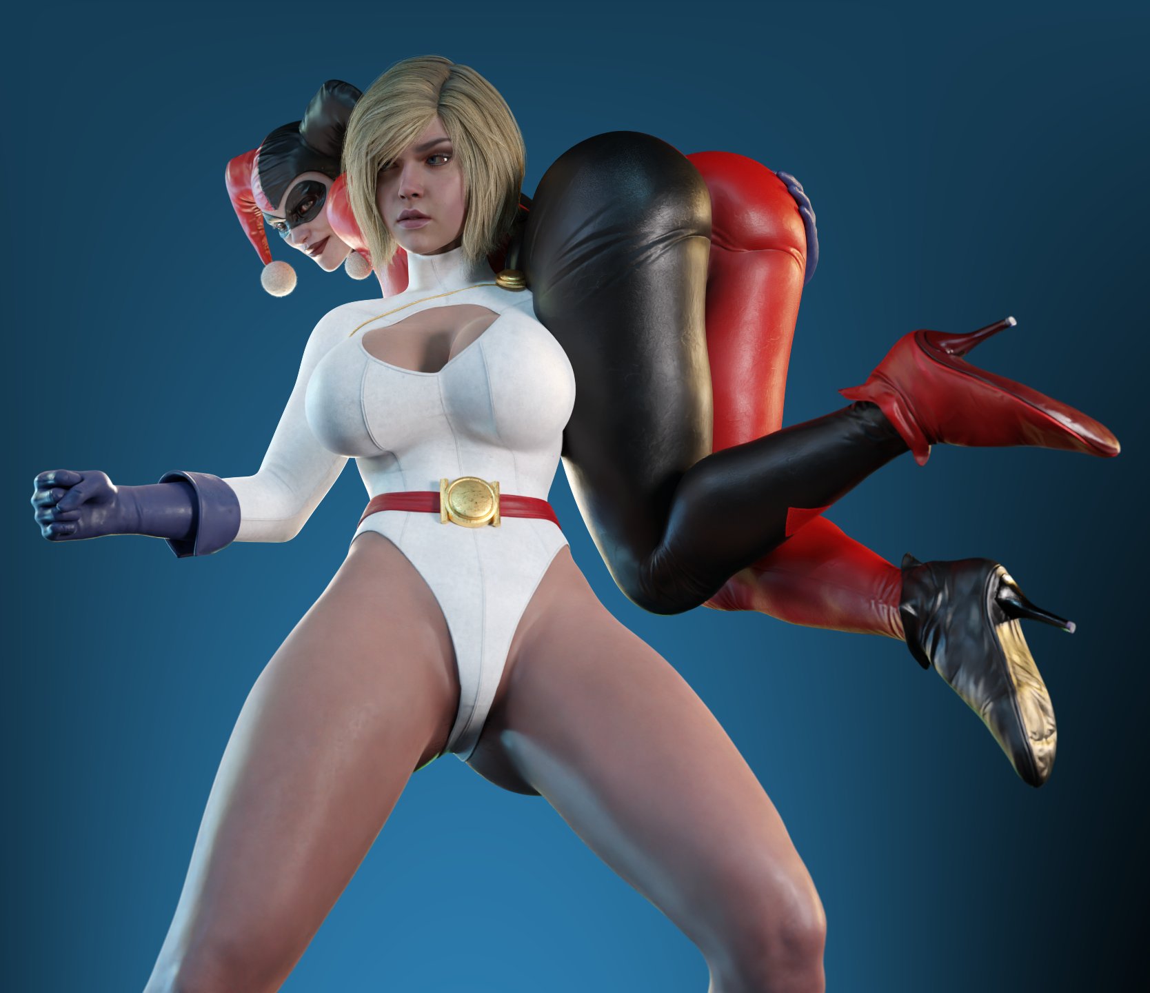 2girls, 3d, 3d (artwork), ass, batman (series), big ass, big butt, blender (software), blue background, bodysuit, carrying person, cleavage, cleavage cutout, dc, dc comics, female, female only, harley quinn, harley quinn (classic), harley quinn (injustice), high heels, human, injustice 2, kara zor-l, karen starr, kryptonian, light skin, light-skinned female, pale skin, pale-skinned female, power girl, power girl (injustice), simple background, smitty34, superman (series), tagme