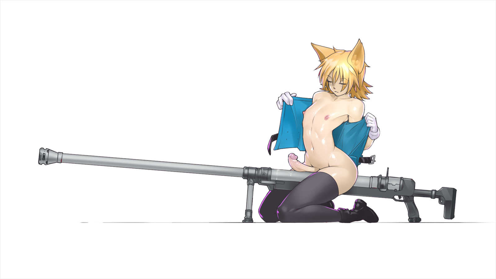animal ears, blonde hair, cat boy, catboy, closed eyes, erection, gun, kneeling, male, male focus, male only, tailbox, weapon, white background