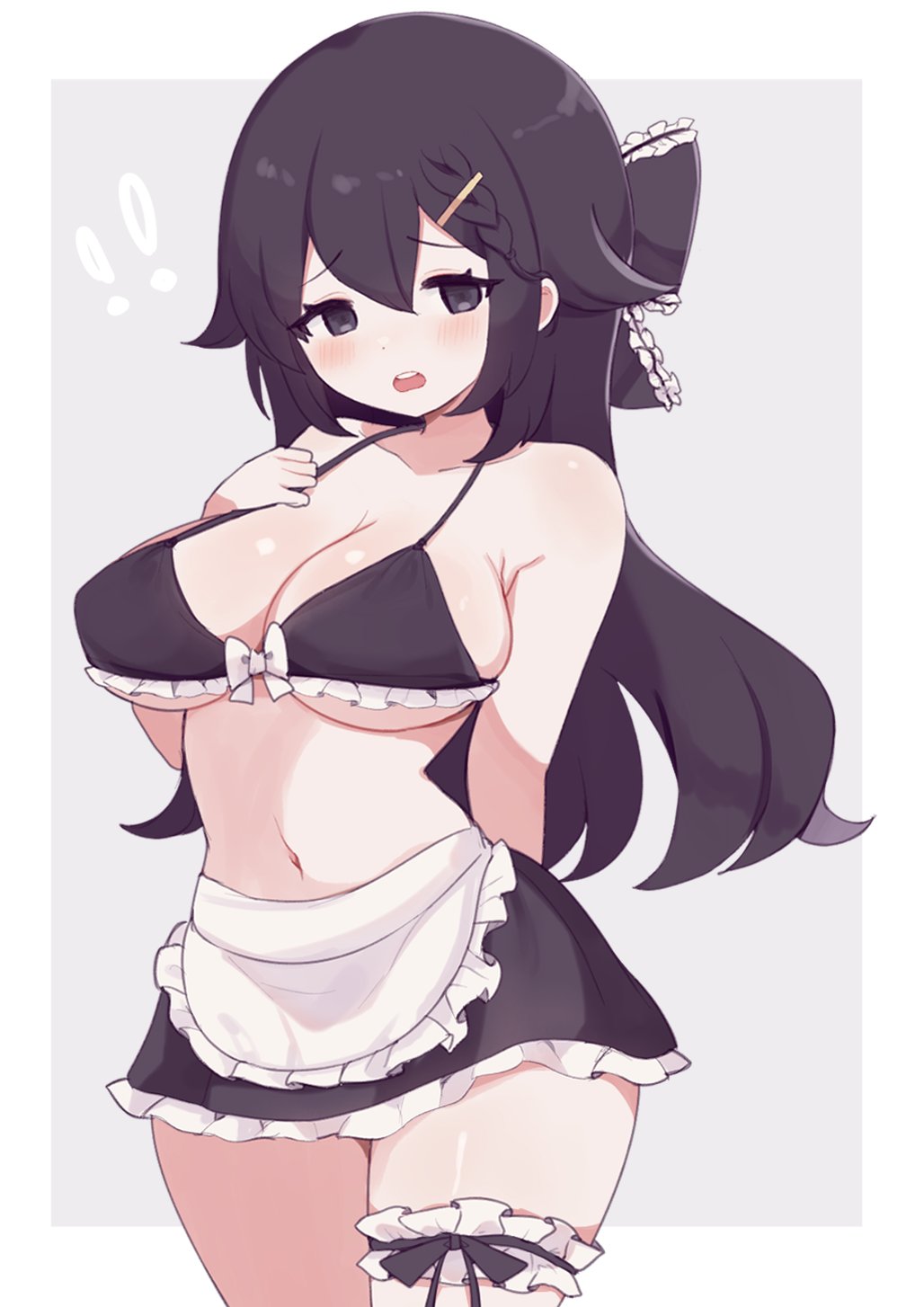 1girls black_hair bow bow_bra clarevoir cleavage embarrassed long_hair looking_at_viewer underboob