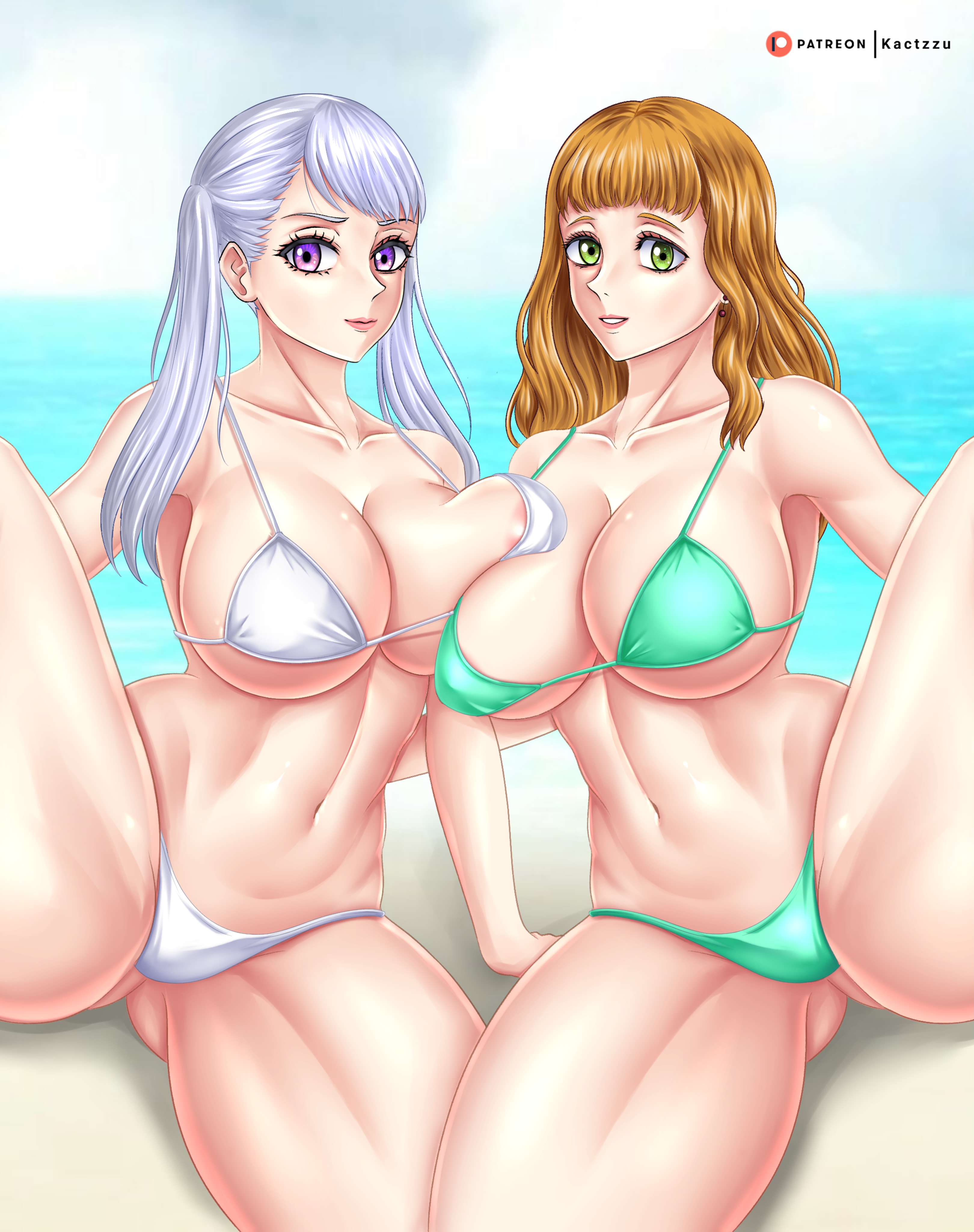 2girls, absurd res, beach, big breasts, bikini, bikini bottom, bikini top, black clover, breasts, female, female only, green eyes, hi res, huge breasts, kactzzu, looking at viewer, mimosa vermillion, multiple females, multiple girls, noelle silva, orange hair, pink eyes, silver hair, simple background, smile, spread legs, string bikini, thick thighs, twintails, voluptuous, white panties