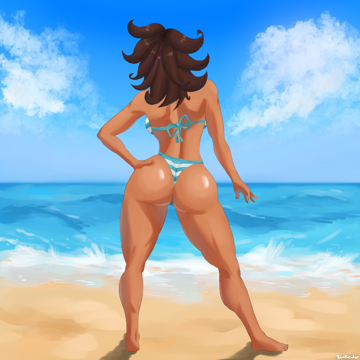 1girls, 2022, ass, beach, behind view, bikini, bikini bottom, bikini top, blue bikini, brown hair, danganronpa, danganronpa 2: goodbye despair, danganronpa s: ultimate summer camp, female, female only, owari akane, sea, seaside, sky, solo, straight hair, super danganronpa 2, tankesho, tanned, tanned female, tanned skin, thick ass