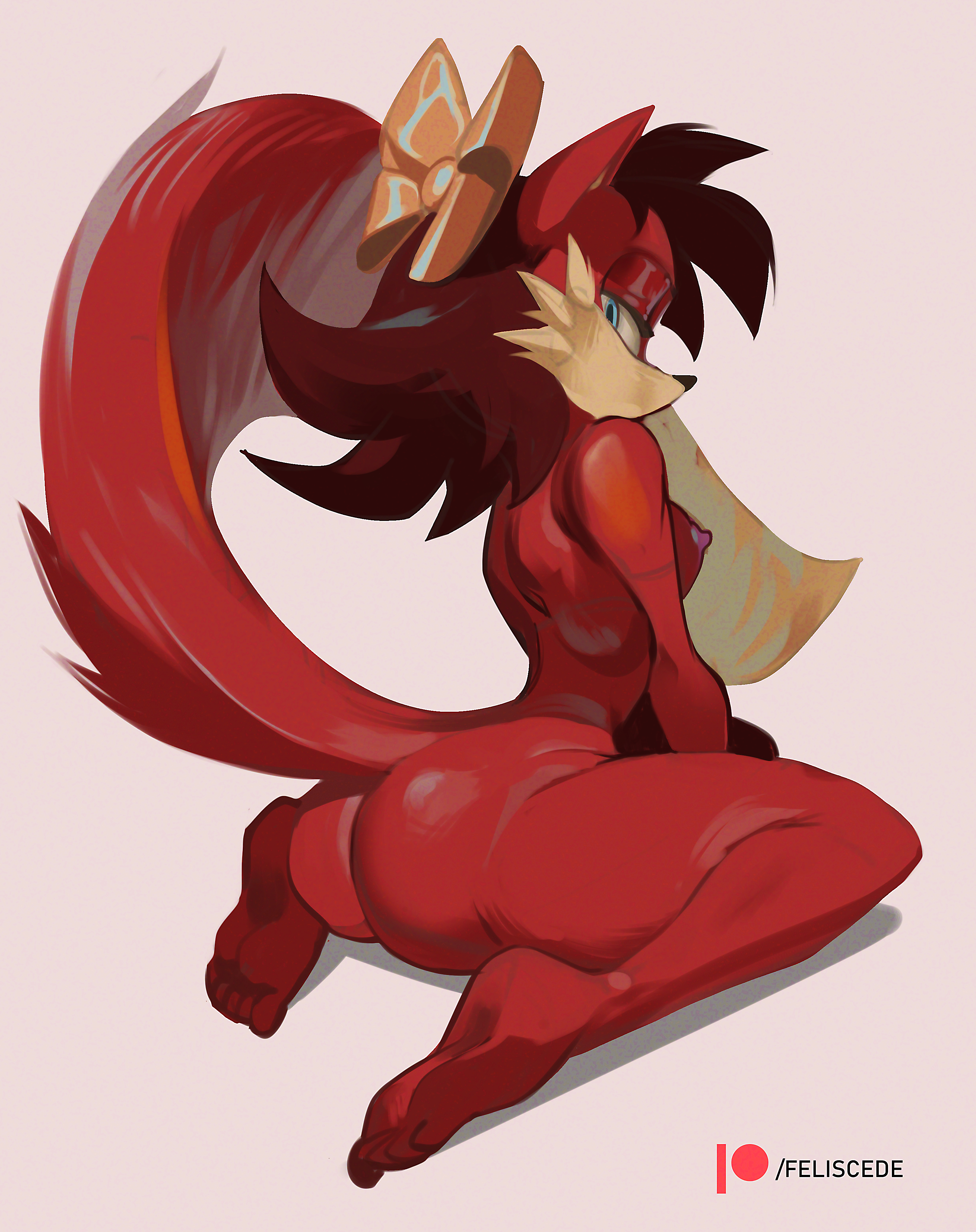 2021, animal humanoid, anthro, areolae, artist name, ass, black nose, black pupils, blue eyes, breasts, brown hair, canine, canine humanoid, feliscede, female, female only, fiona fox, fox, fox humanoid, furry, furry female, furry only, kneeling, kneeling female, looking at viewer, looking back, looking back at viewer, mammal, mammal humanoid, naked, nipples, no humans, nude, nude female, patreon, patreon logo, patreon username, rear view, red body, ribbon in hair, sega, short hair, small breasts, solo, solo female, sonic (series), sonic the hedgehog (archie), tagme, tail up, white sclera