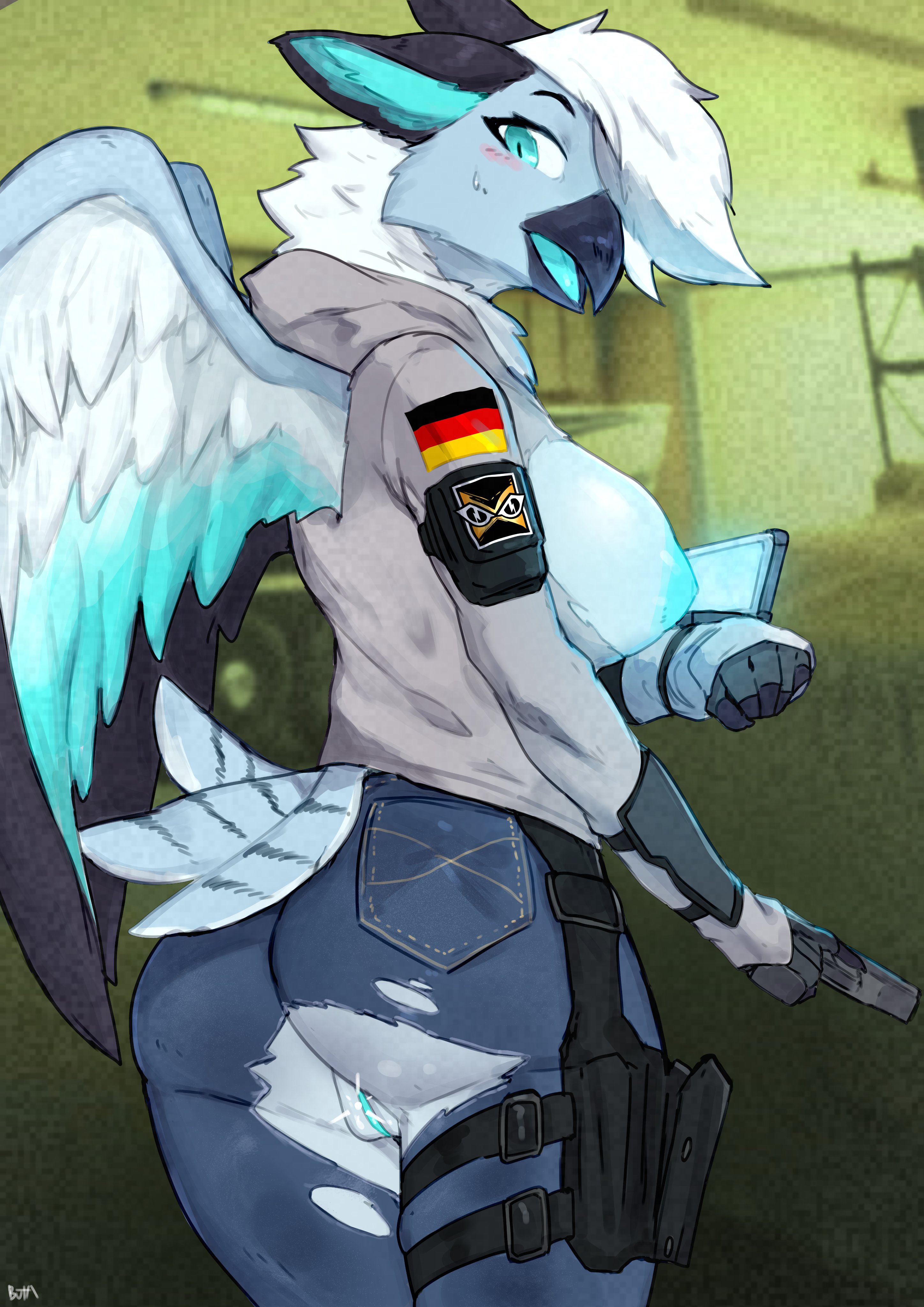2d, 2d (artwork), anthro, ass, avian, beak, big ass, big breasts, blue body, blush, blushing, breasts, breasts out, bubble ass, bubble butt, buta99, detailed background, ear tuft, embarrassed, feathered tail, female, female only, furry, gadget, german flag, glint, grey body, gun, iq (rainbow six), jeans, looking back, no humans, pistol, pussy, rainbow six, rainbow six siege, rear view, solo, thigh holster, thigh strap, torn clothes, torn hoodie, torn jeans, torn pants, white hair, wings