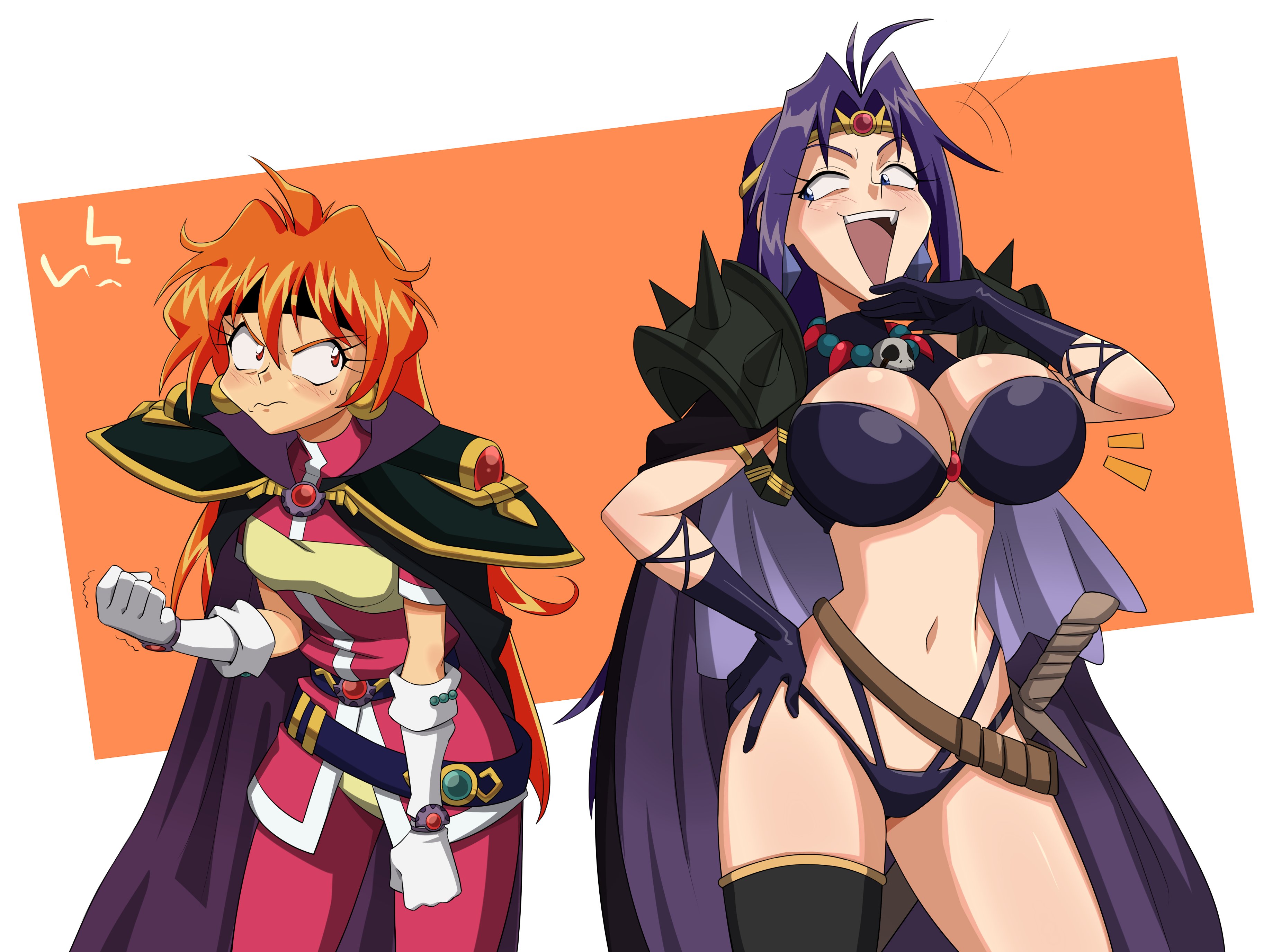 2girls, big breasts, breast envy, breast size difference, breasts, cleavage, female, female only, flowerpigeon73, fully clothed, huge breasts, human, large breasts, light skin, light-skinned female, lina inverse, long hair, naga the serpent, orange hair, pale skin, pale-skinned female, purple hair, revealing clothes, slayers, small breasts, sorceress, tagme, thick thighs
