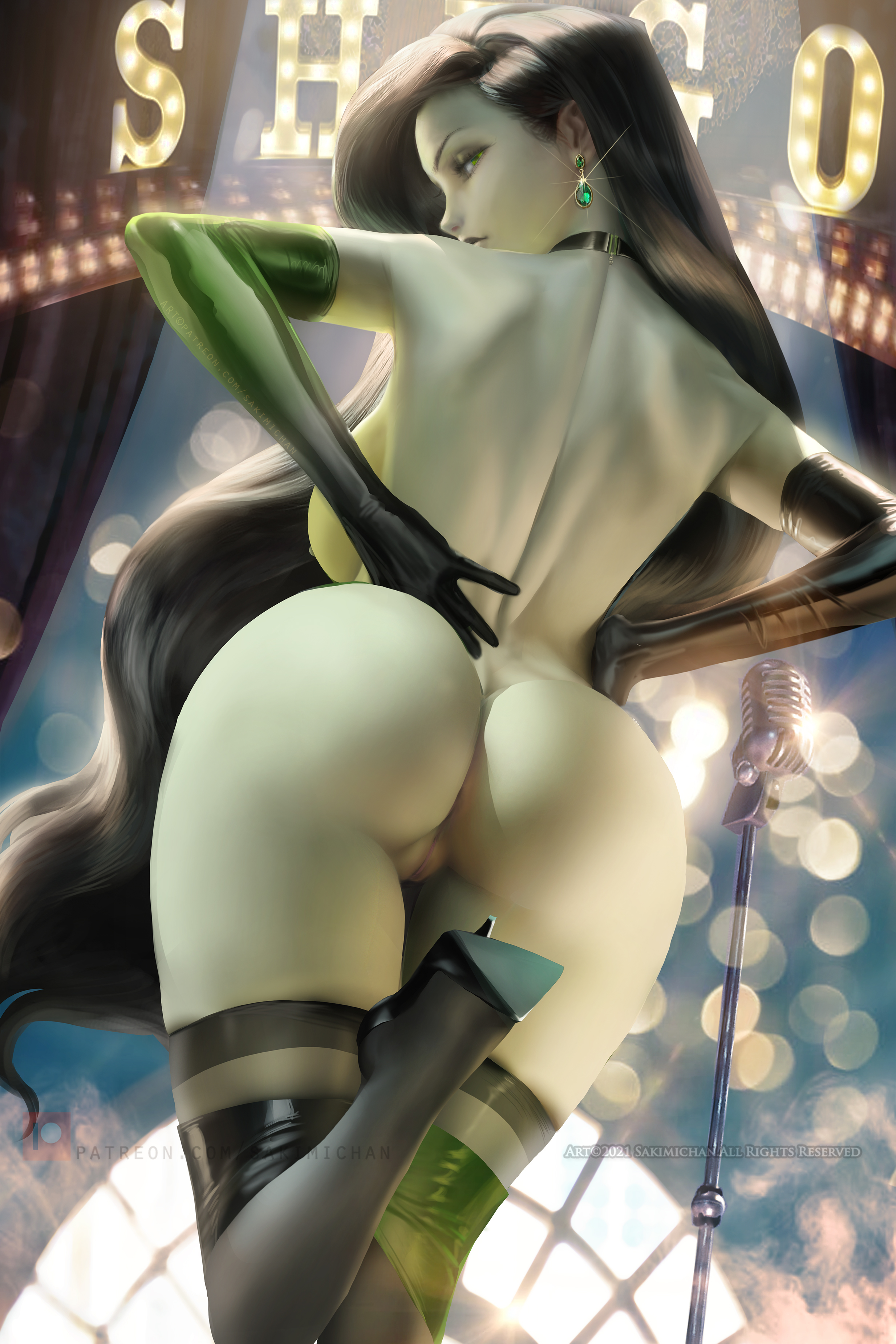 1girls, areolae, ass, back view, big ass, big breasts, black hair, breasts, disney, disney channel, earrings, elbow gloves, female, female only, green eyes, high heels, highres, kim possible, large ass, long hair, looking at viewer, looking back, nipples, nude, pussy, sakimichan, shego, solo, solo female, solo focus, stockings