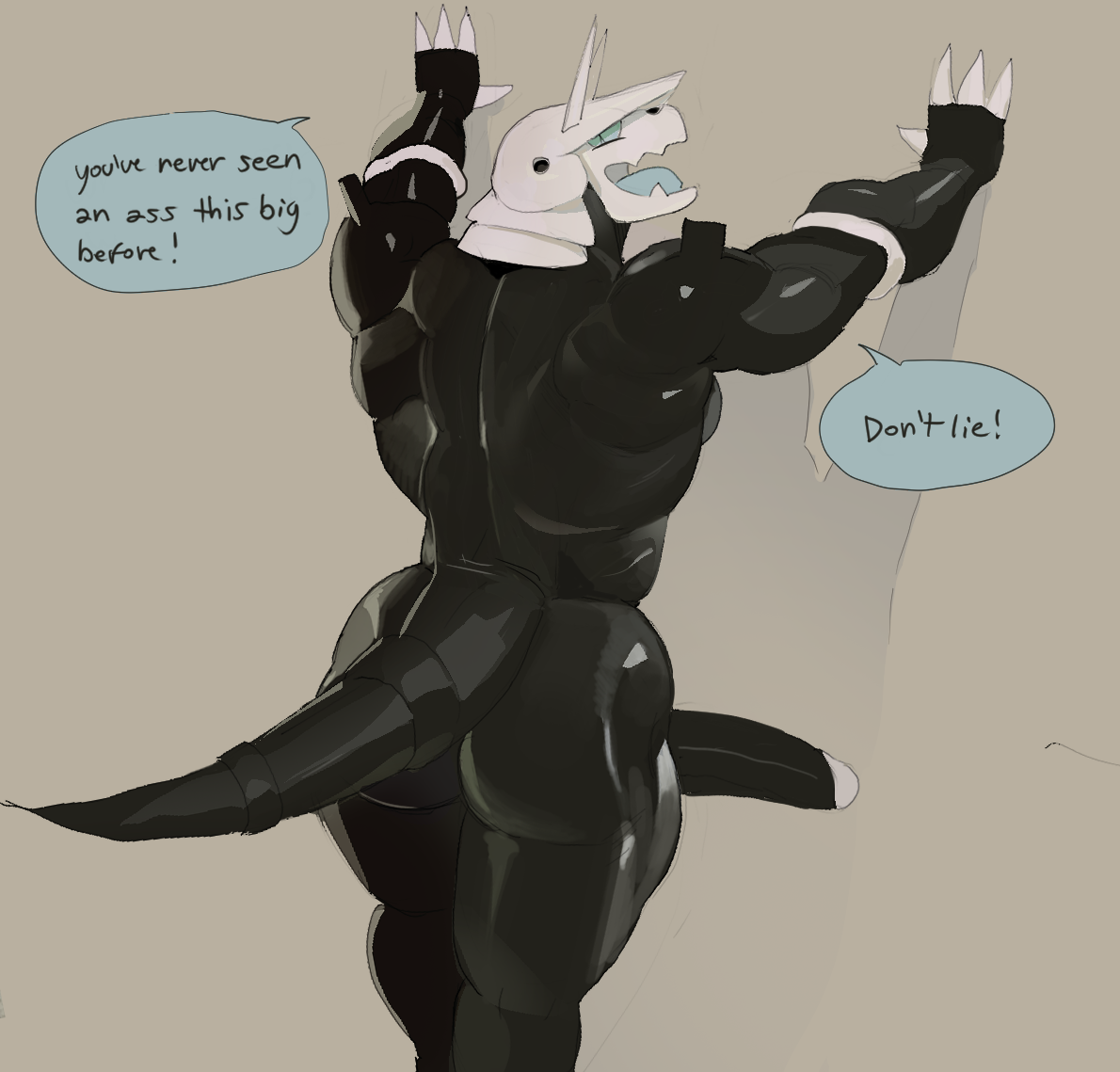 2022, 4 fingers, against surface, against wall, aggron, anthro, ass, big ass, big butt, biped, dialogue, digital media (artwork), english text, exclamation point, fingers, fluffedwings, genitals, half-erect, looking back, male, male only, mammal, muscular, muscular anthro, muscular male, nintendo, nude, open mouth, penis, pokémon (species), pokemon, pokemon (species), rear view, simple background, smile, solo, speech bubble, standing, text, thick thighs, video games