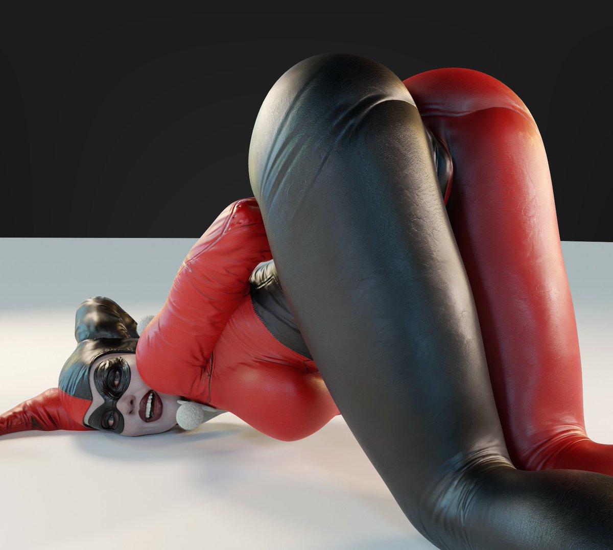 1girls, 3d, 3d (artwork), ass, ass up, batman (series), big ass, blender (software), bodysuit, bubble ass, bubble butt, dc, dc comics, face down ass up, female, female only, harley quinn, harley quinn (classic), harley quinn (injustice), injustice 2, light skin, light-skinned female, looking at viewer, looking back, makeup, on all fours, pale skin, pale-skinned female, rear view, simple background, smitty34, solo, solo female, tagme, villain