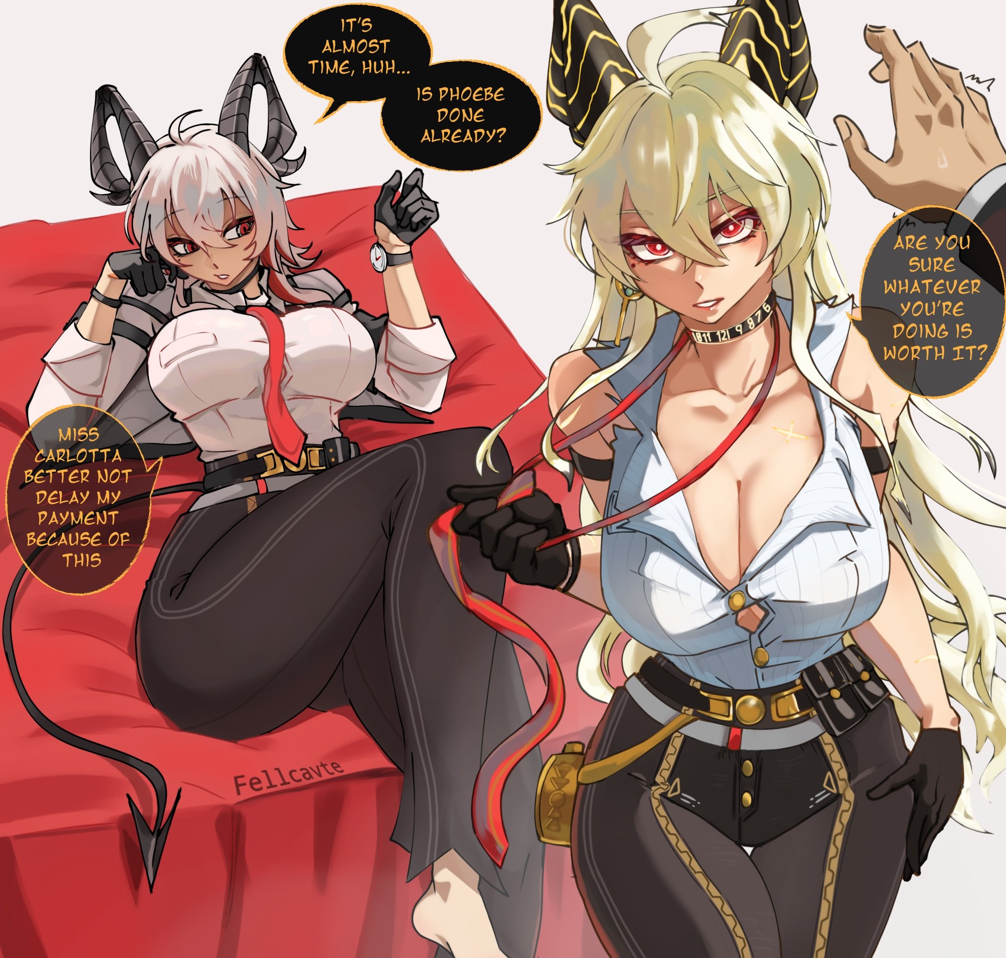 1girls, accessories, artist logo, artist name, artist request, artist signature, big breasts, blonde female, blonde hair, breasts, dialogue, dialogue box, dialogue bubble, fellcavte, female, female focus, gloves, horns, horny female, looking at viewer, office clothing, office lady, on back, on bed, red eyes, ripped clothing, ripped shirt, shirt, succubus tail, tail, tie, tie between breasts, watch, white hair, white skin, wuthering waves, zani (wuthering waves)