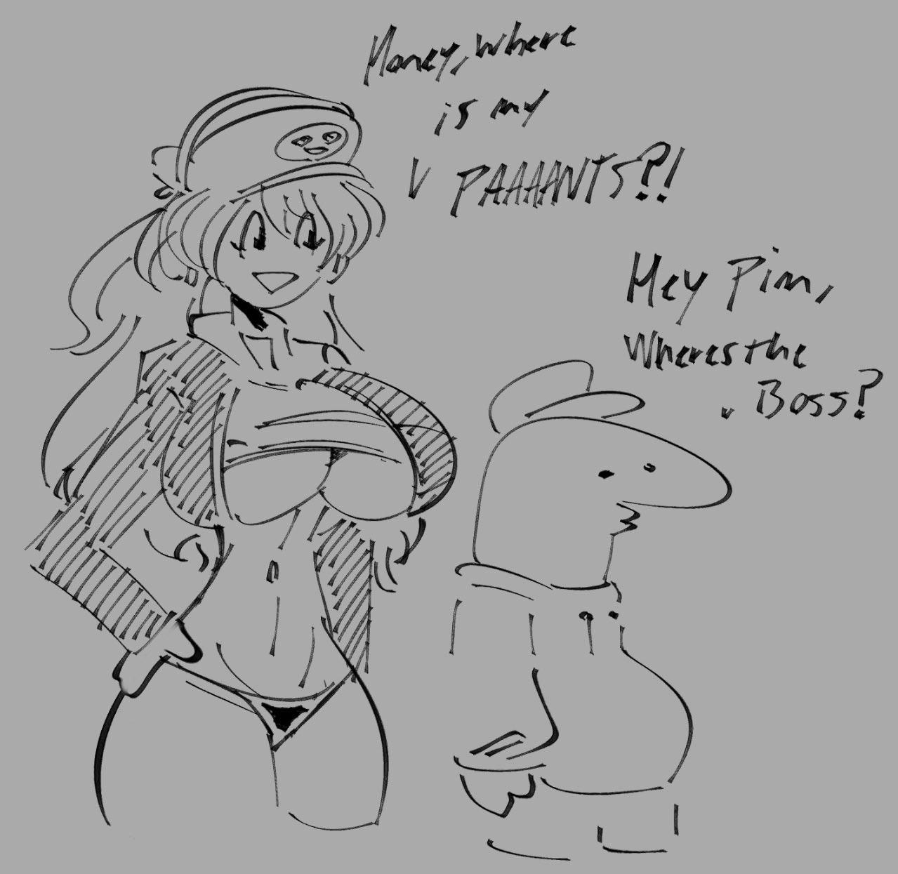 bananawithas, big breasts, charlie (smiling friends), curvy, cute, dialogue, dolly dimpley, funny, huge breasts, panties, pantless, sketch, smiling friends, tagme, text, underboob