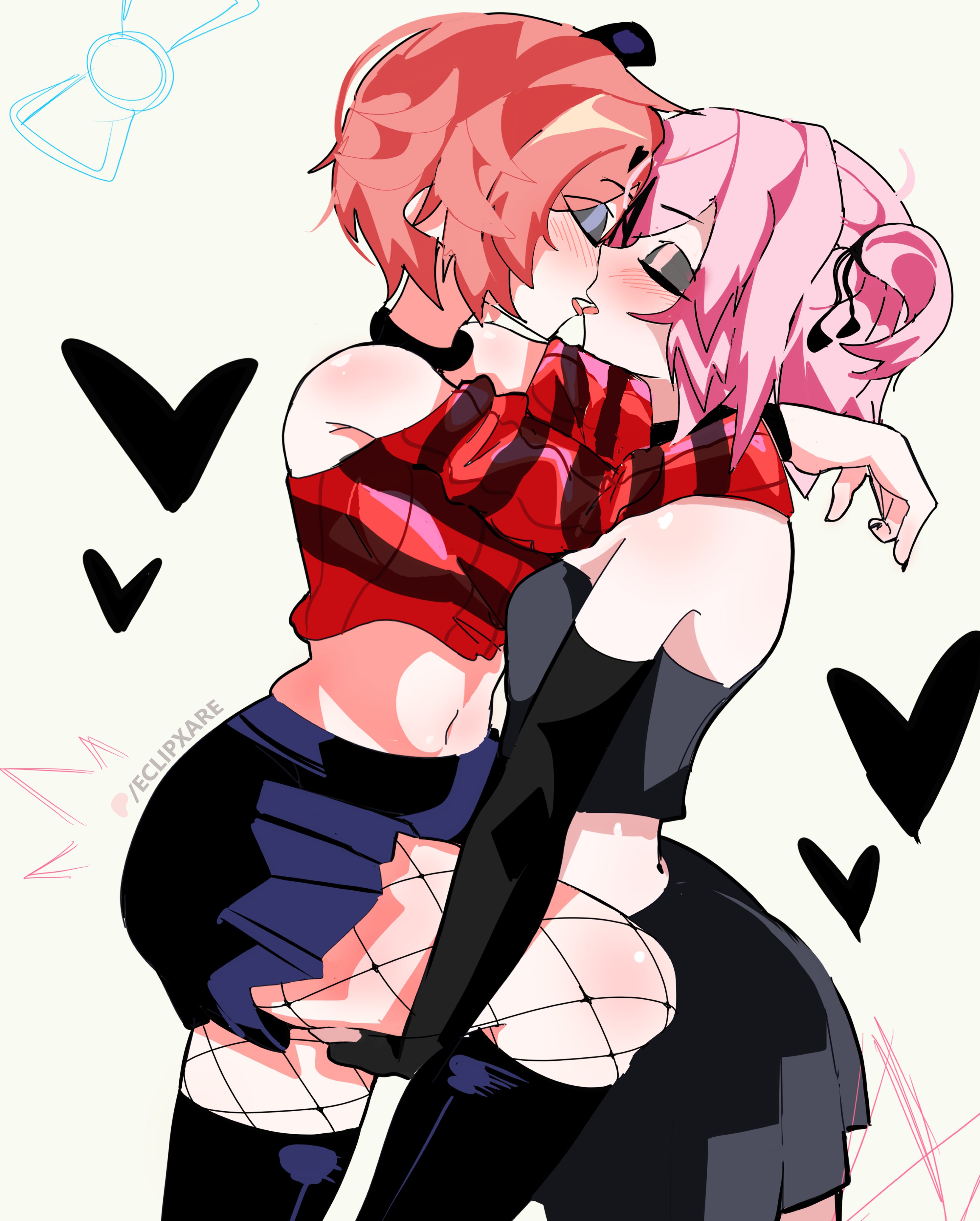 2girls, black eyeshadow, blush, doki doki literature club, eclipxare, eyeshadow, female, female only, fishnets, goth, kissing, lifting leg, multiple girls, natsuki (doki doki literature club), sayori (doki doki literature club), skirt, yuri