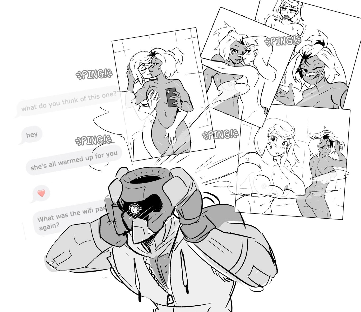 1boy, 2girls, after cunnilingus, ass, beck (spicymancer), breast grab, breast grab from behind, breasts, dark skin, dark-skinned female, dyed hair, female, grabbing from behind, gyaru, interracial, interracial yuri, light skin, light-skinned female, madison (spicymancer), male, medium breasts, netorare, netorase, nipples, nude, paid reward available, selfie, sex, shoto (spicymancer), shower, shower (place), shower sex, spicymancer, symmetrical docking, teasing, text message, two-tone hair, wet, yuri