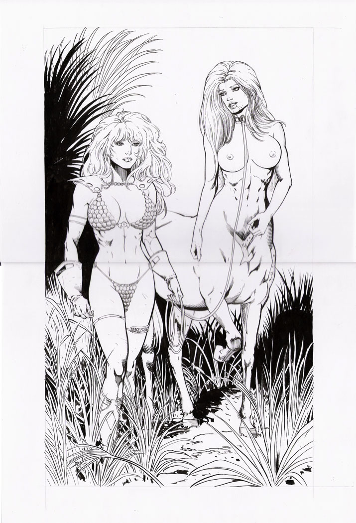 2girls artist_request breasts centaur chainmail_bikini collar drawn equestrian_bondage female female_only leash multiple_girls mythology ponying red_sonja red_sonja_(comics) tagme taur