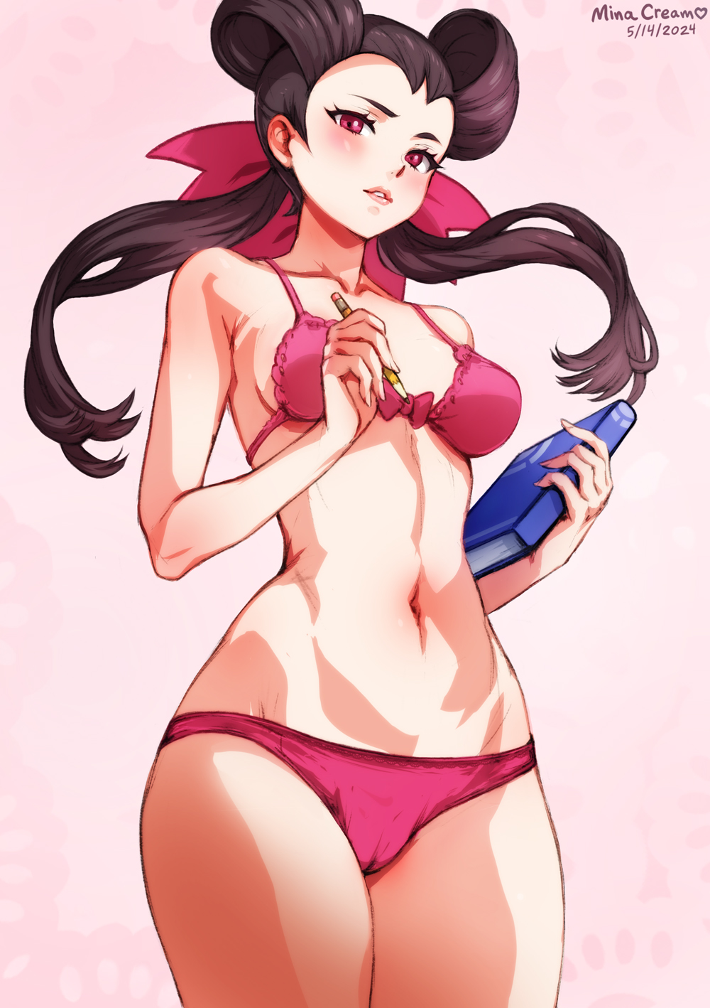 1girls, artist name, book, bra, breasts, collarbone, dated, female, hair rings, highres, holding, holding book, holding pencil, minacream, nintendo, panties, pencil, pink areola, pink background, pink bra, pokemon, pokemon oras, red eyes, roxanne (pokemon), solo, underwear