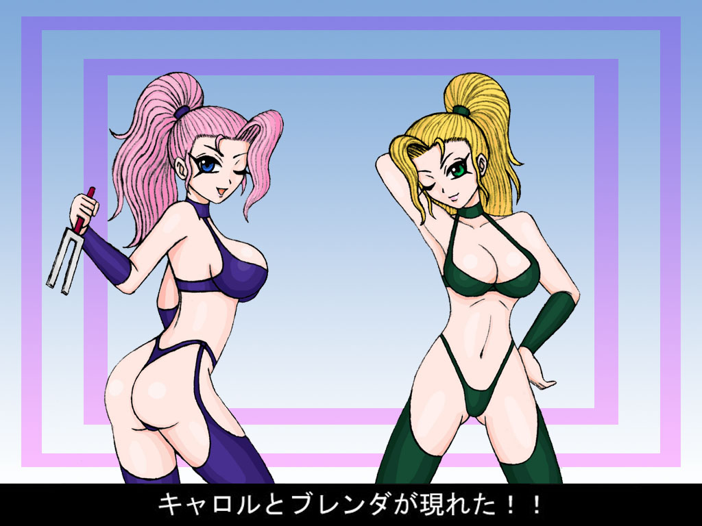 2girls artist_request bikini blonde_hair blue_eyes breasts brenda_(captain_commando) captain_commando carol_(captain_commando) cleavage female female_only green_eyes hourglass_figure moaizmoai pink_hair smile swimsuit translation_request wink