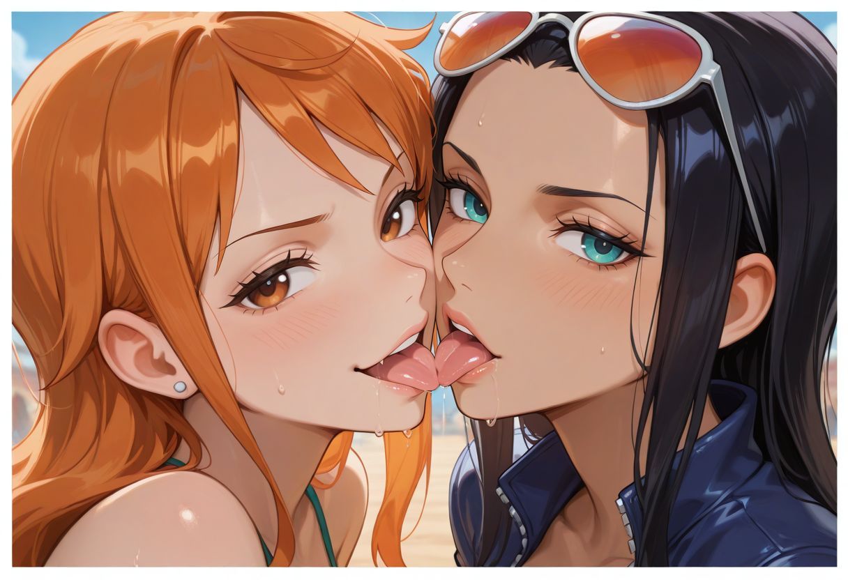 2girls, ai generated, black hair, black-haired female, female, female only, kissing, lesbian kiss, light skin, light-skinned female, nami (one piece), nico robin, one piece, orange hair, orange-haired female, tagme, yuri