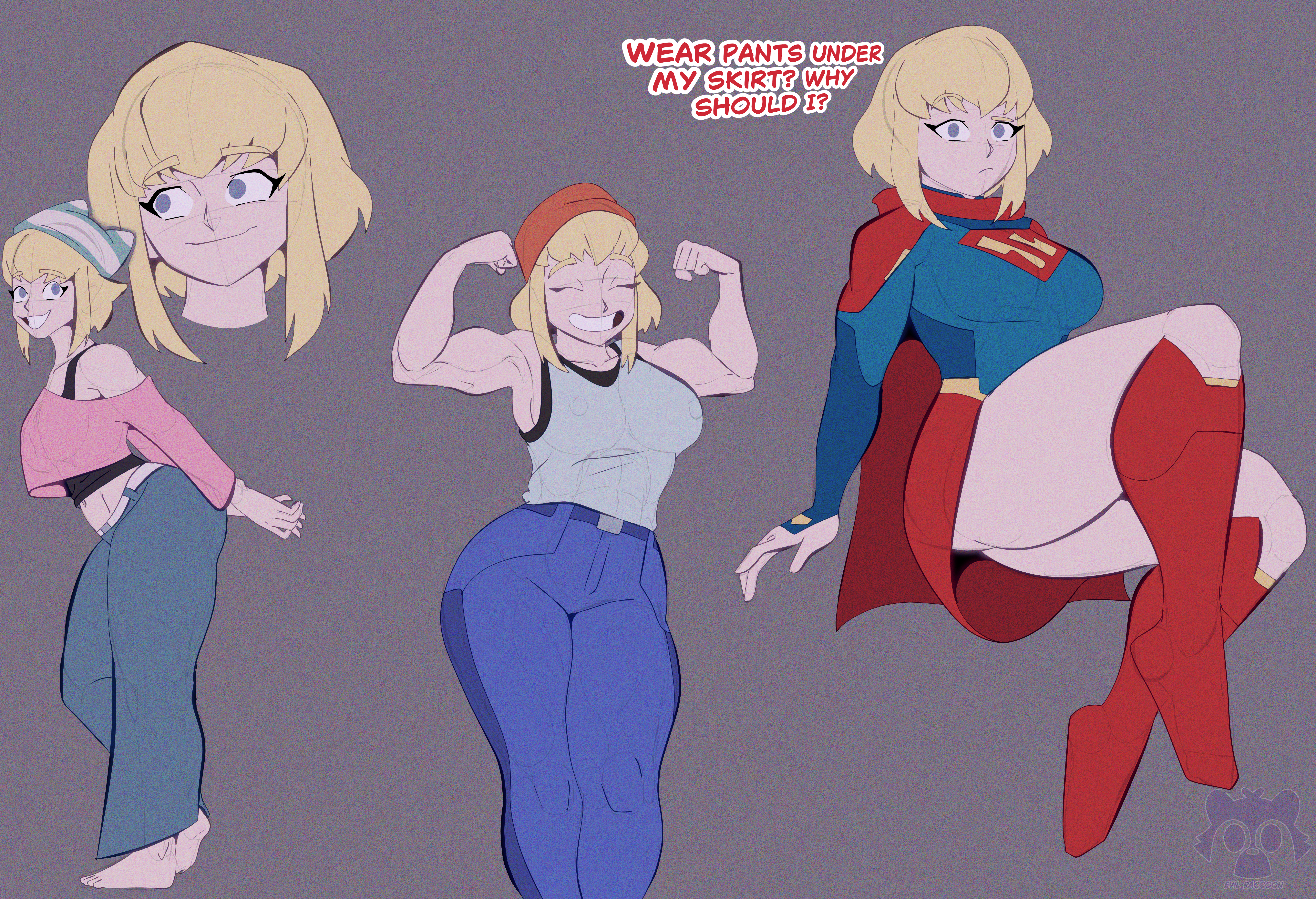 armpits, arms up, blonde female, blonde hair, collage, dc, dc comics, evil raccoon, miniskirt, muscles, muscular, muscular female, my adventures with superman, soft, supergirl, supergirl (my adventures with superman), superheroine, superman (series), thick ass, thick thighs