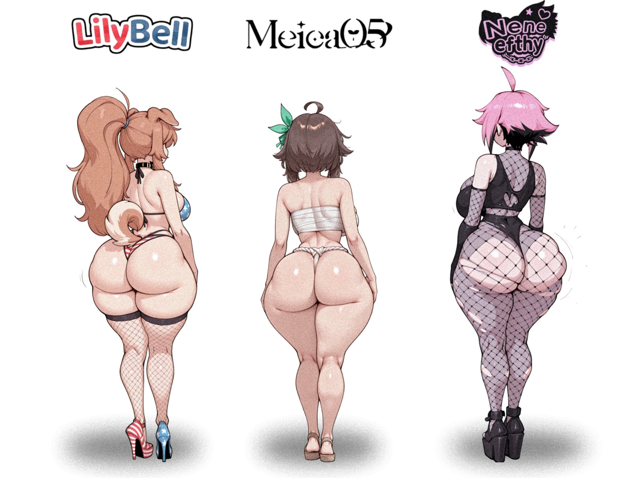 3girls, ahoge, ai generated, ai slop, arm sleeves, back view, bandaged chest, belladonna ck, black hair, boobs, breasts, brown hair, dog ears, dog girl, dog tail, elbow gloves, fat ass, feather, feather in hair, fishnet clothing, fishnet elbow gloves, fishnet stockings, fishnets, high heels, kemonomimi, latam virtual youtuber, lilybell vt, meica, neneefthy, oneeshi, pink hair, platform heels, sarashi, sideboob, simple background, size difference, thick thighs, thighs, torn stockings, two-tone hair, virtual youtuber, vtuber, white skin