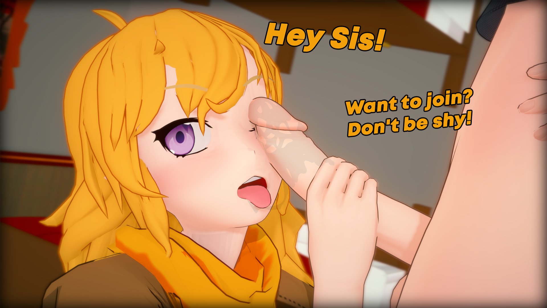 1boy, 2girls, 3d, clothed female, erect penis, faceless male, half naked male, half-dressed, no pants, noticed, noticing, nyxxzeiss, offscreen character, penis against face, purple eyes, ruby rose, rwby, tongue out, yang xiao long
