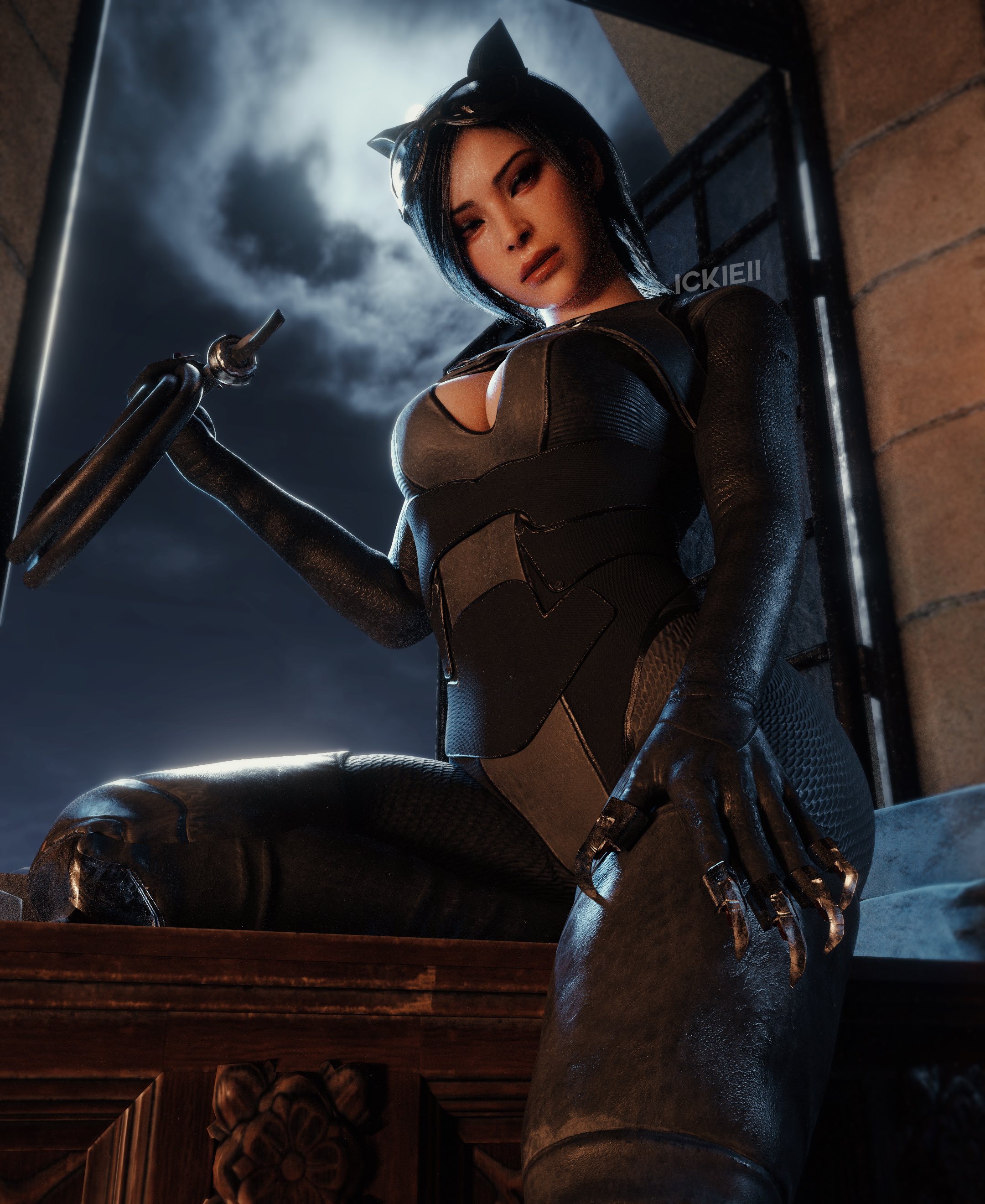 1girls, 3d, 3d (artwork), 9:11, ada wong, ada wong (adriana), ass, batman (series), big breasts, black bodysuit, black gloves, black hair, bodysuit, breasts, capcom, cat ears, catsuit, catwoman (cosplay), cleavage, cosplay, dc comics, fake animal ears, female, female only, gloves, goggles, ickieii, injustice 2, leather, leather clothing, looking at viewer, render, resident evil, resident evil 4, resident evil 4 remake, short hair, solo, solo female, whip