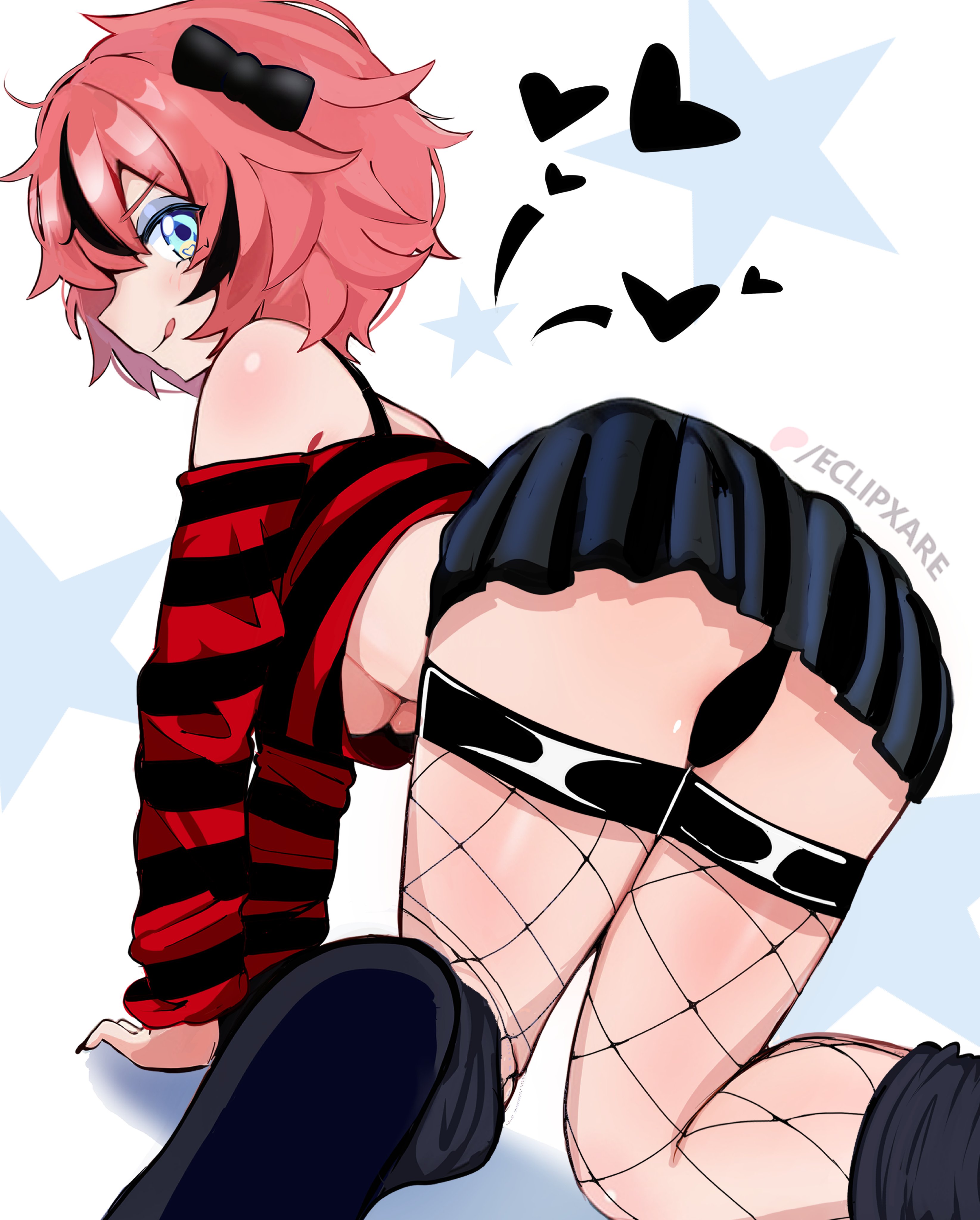 :p, 1girls, blue eyes, bow, breasts, doki doki literature club, eclipxare, fishnet thighhighs, fishnets, goth, panties, pink hair, sayori (doki doki literature club), skirt, streaked hair, thighhighs, underboob