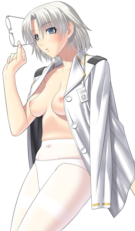 blush breasts front_mission front_mission_5 glasses holding holding_glasses kansuke lynn_wenright no_bra open_clothes open_shirt panties panties_under_pantyhose pantyhose shirt short_hair underwear white_hair white_legwear white_panties