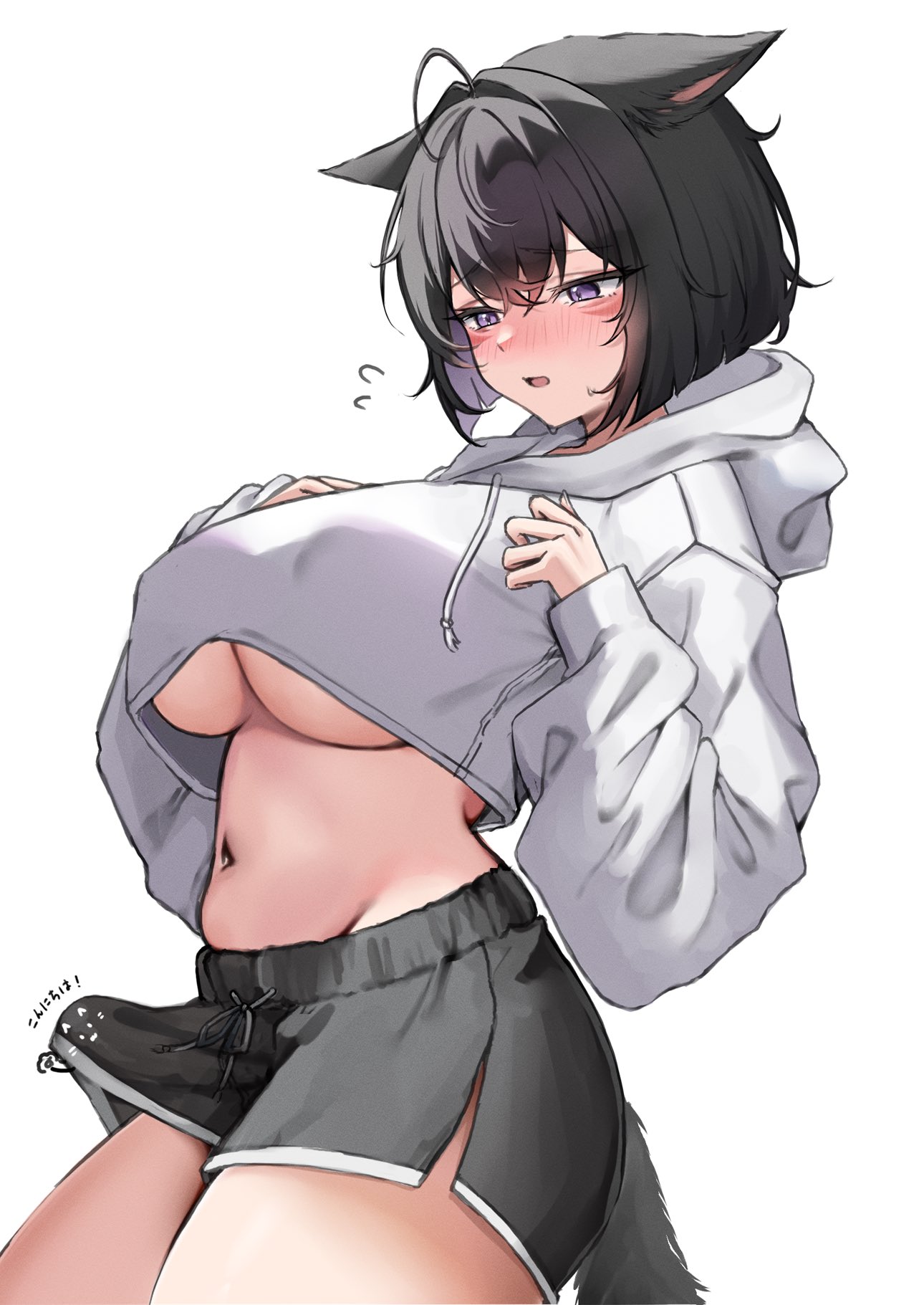 black hair, blush lines, blushing, catgirl, chubby belly, cropped hoodie, cropped jacket, erection, erection under clothes, final fantasy xiv, futa only, futanari, huge breasts, midriff, miqo'te, shhilee, short shorts, shorts, tail, tenting, underboob, white background